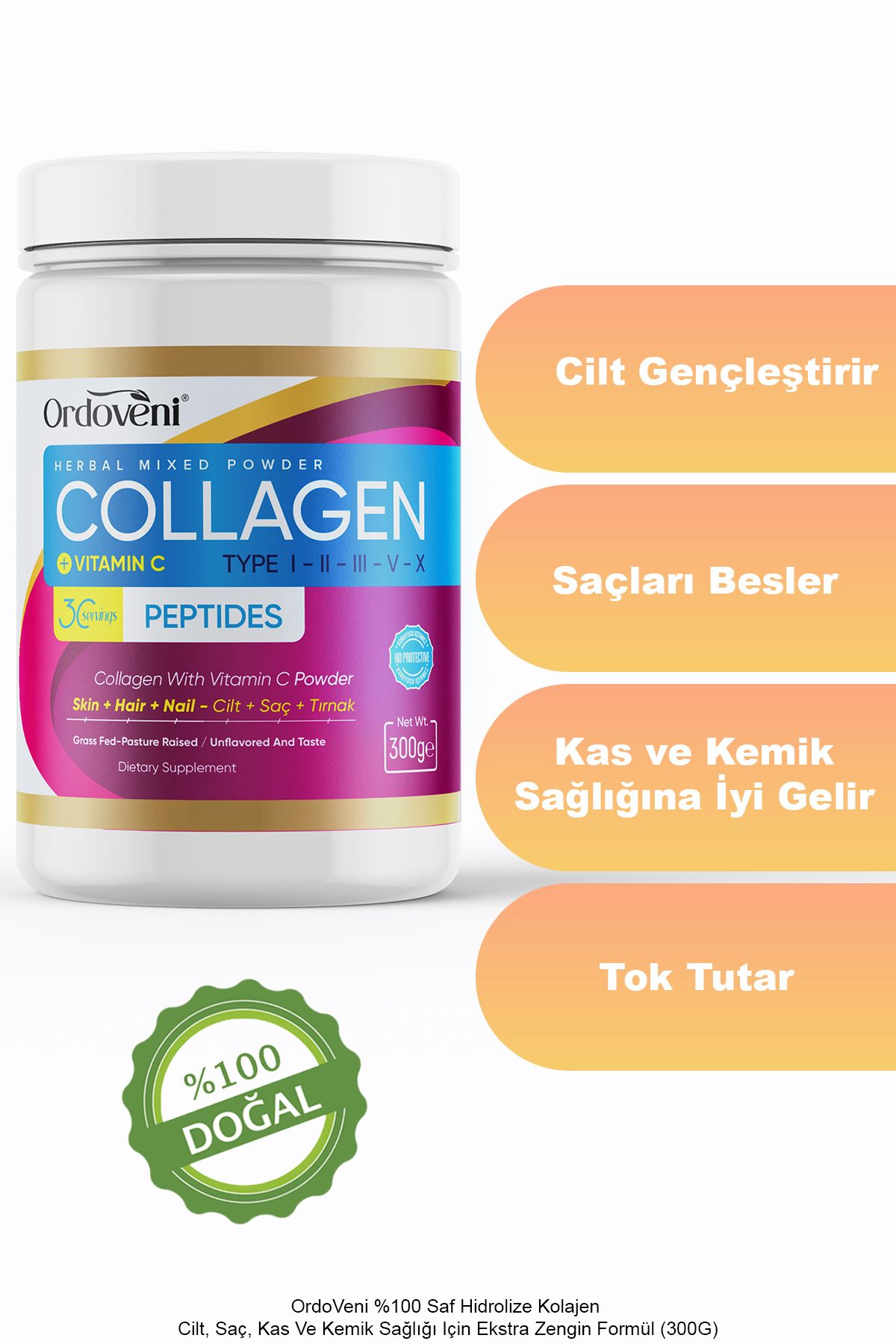 %100 Saf Hidrolize Kolajen - Cilt, Saç, Kas Ve Kemik Sağlığı Için Ekstra Zengin Formül (300G)