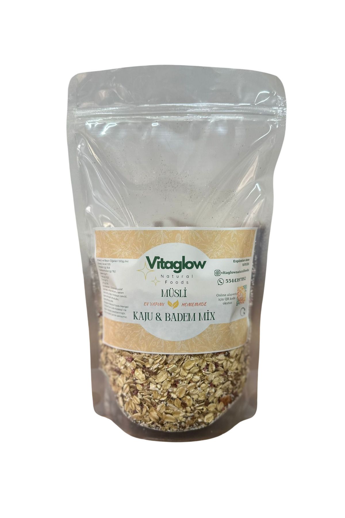 Vitaglow Müsli Kaju & Badem Mix (300 GR.) Katkısız , Sağlıklı Atıştırmalık Şeffaf Paket