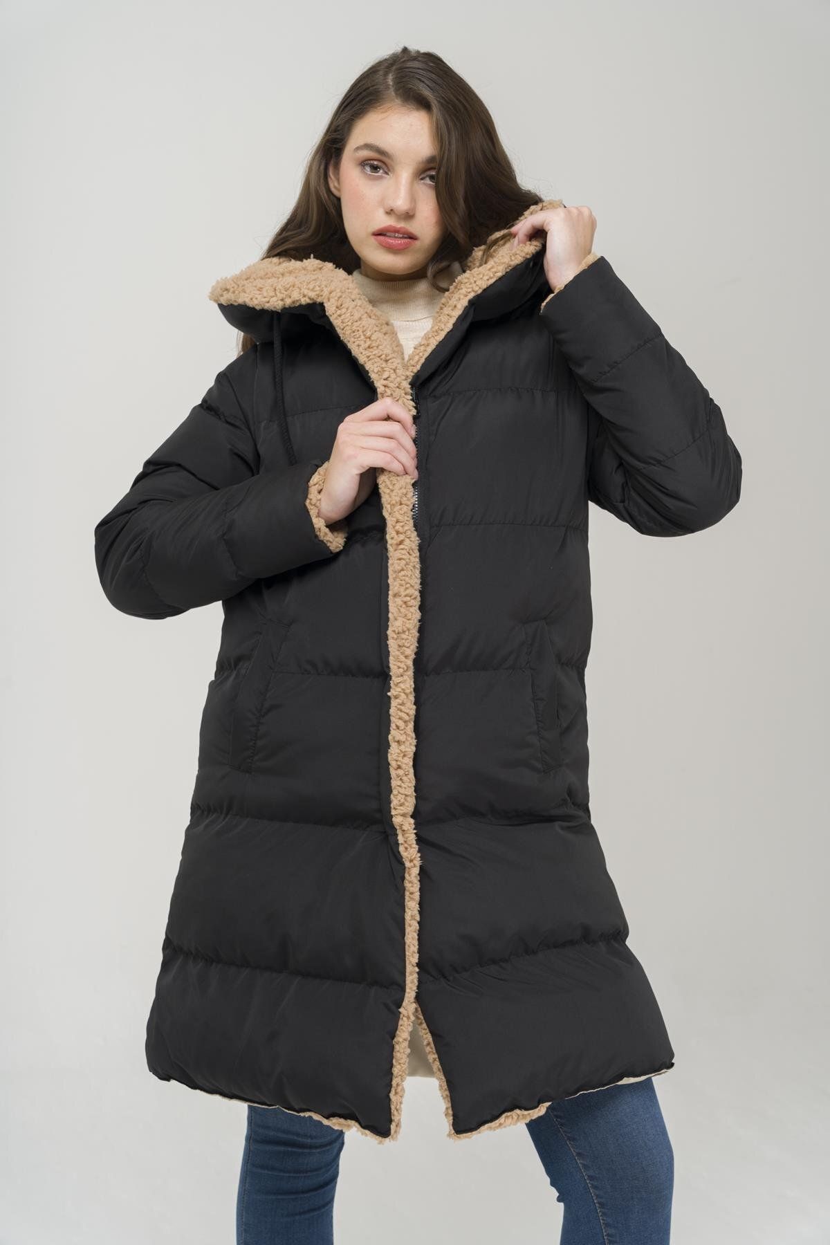 Olcay-Hooded Double Sided Fleece Detailed Puffer Jacket Black-stone 6491 2