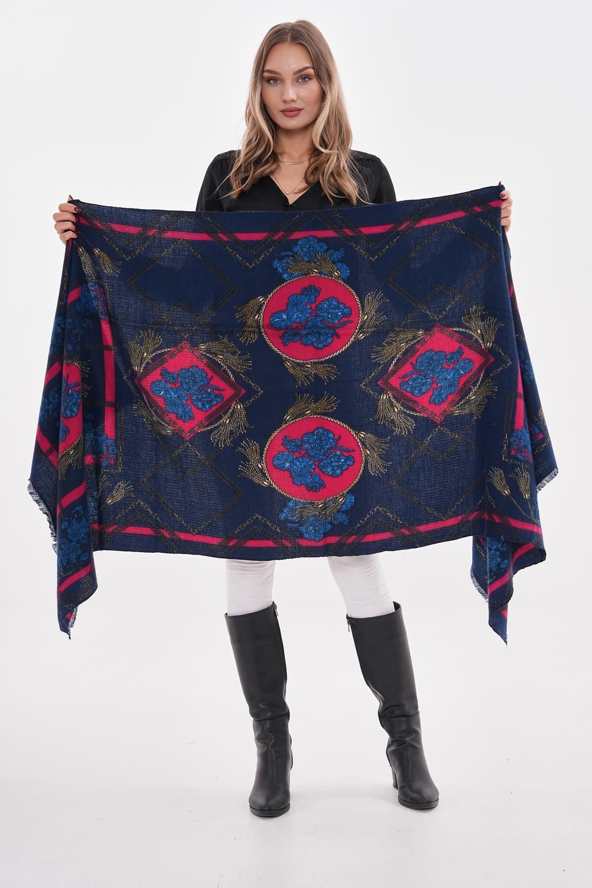 Axesoire-15288 Hyacinth Patterned Navy Blue Thick Shawl 3