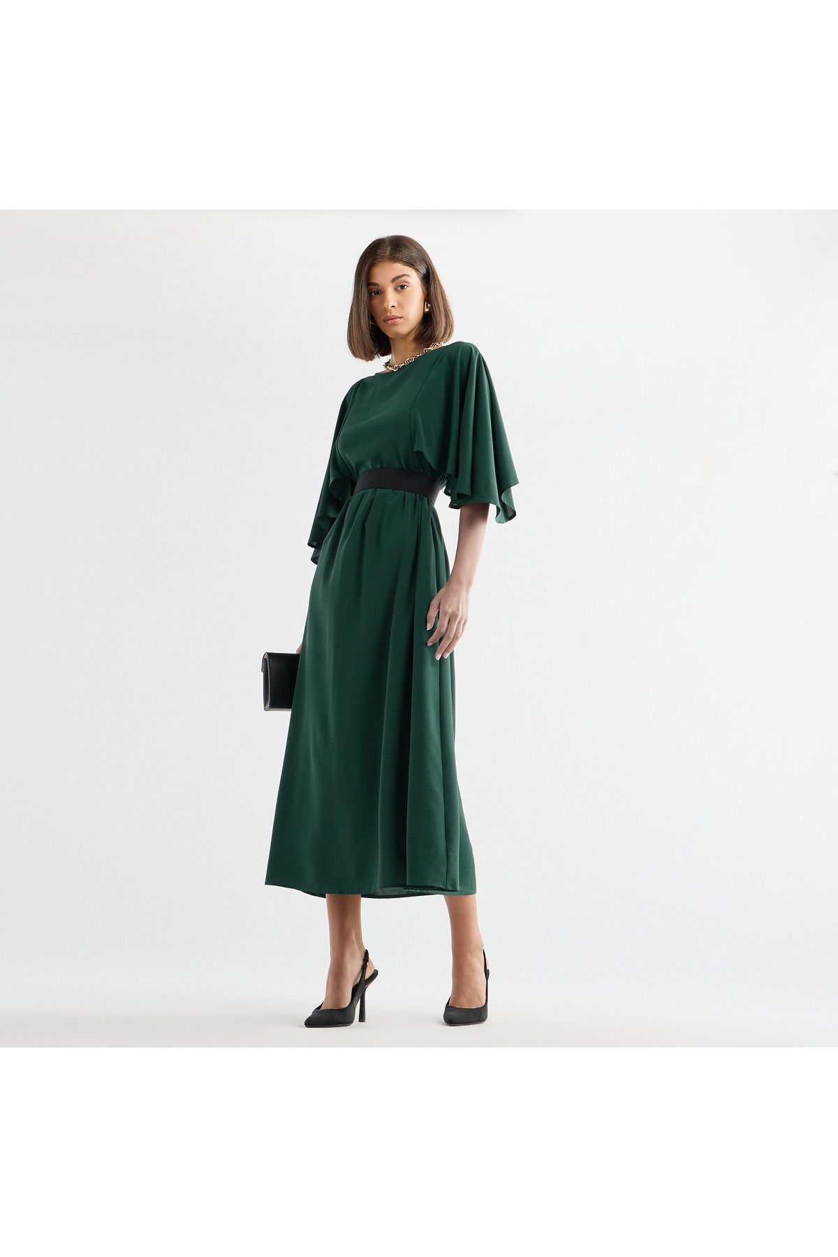 FAV-Solid Midi Dress with Flutter Sleeves and Tie-Up Belt 2