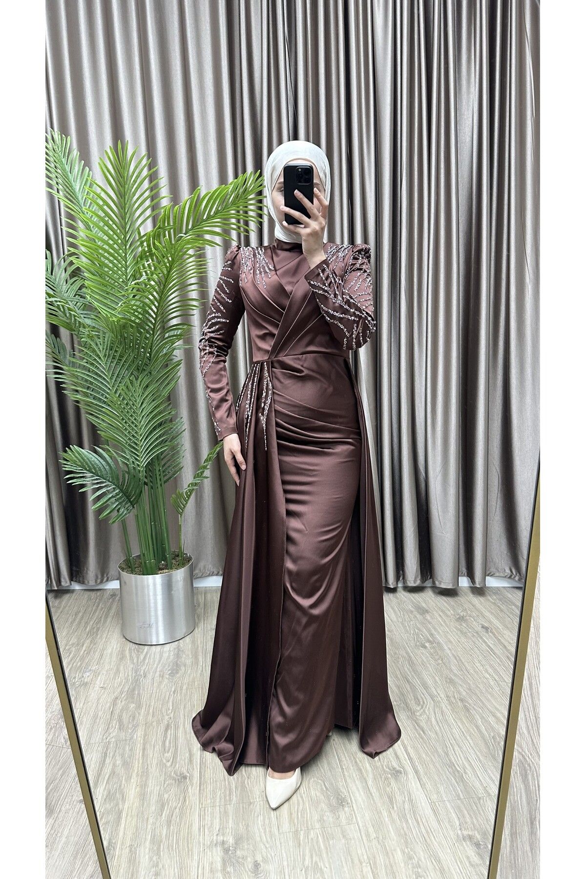 MERA outlet-Plus Size Irem Satin Rhinestone Hijab Evening Dress 2