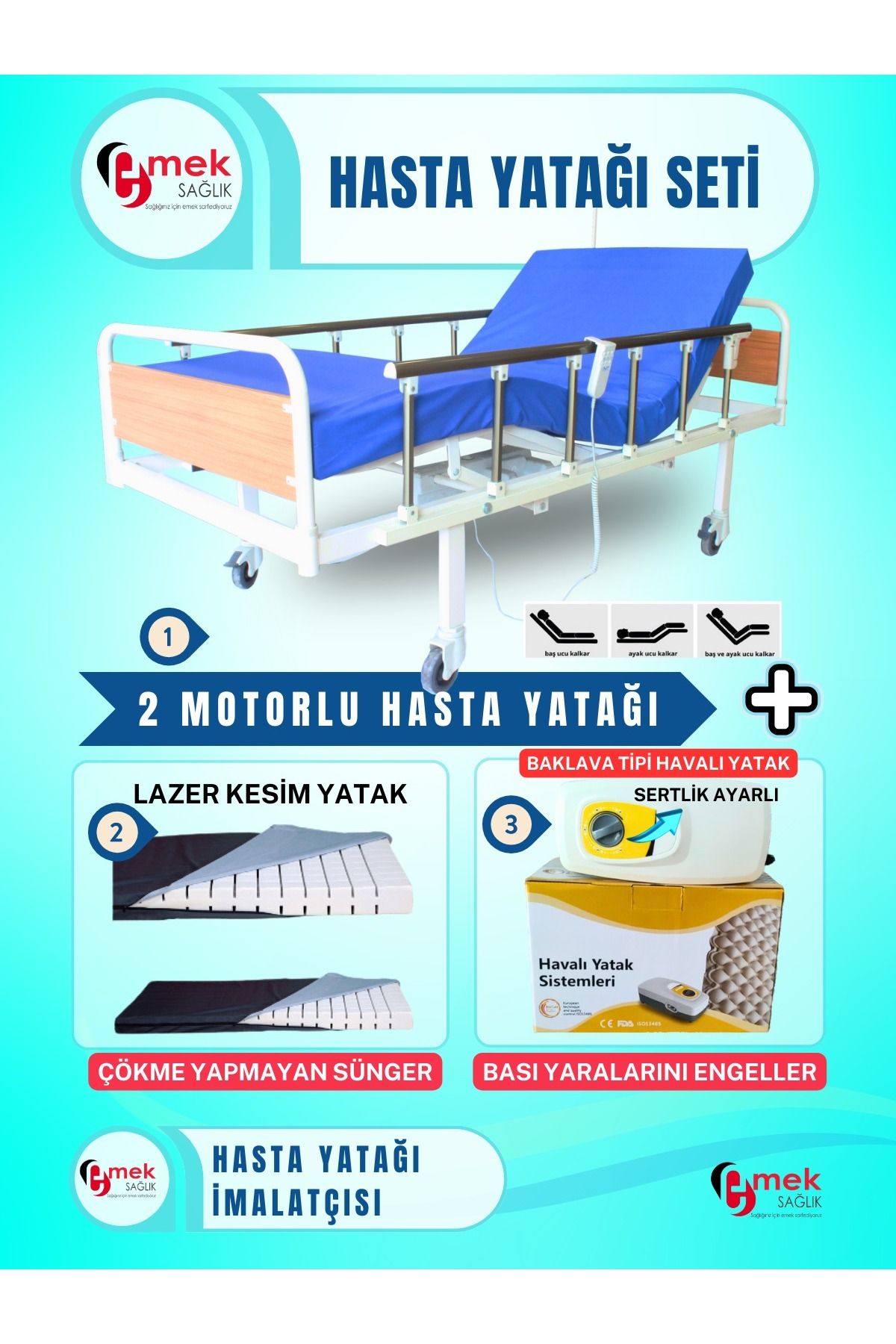 emek sağlık 2Motorlu MdfBaşlıklıTabancaKorkuluklu HastaKaryolası +Lazer Kesim Yatak + Baklava Tipi Havalı Yatak