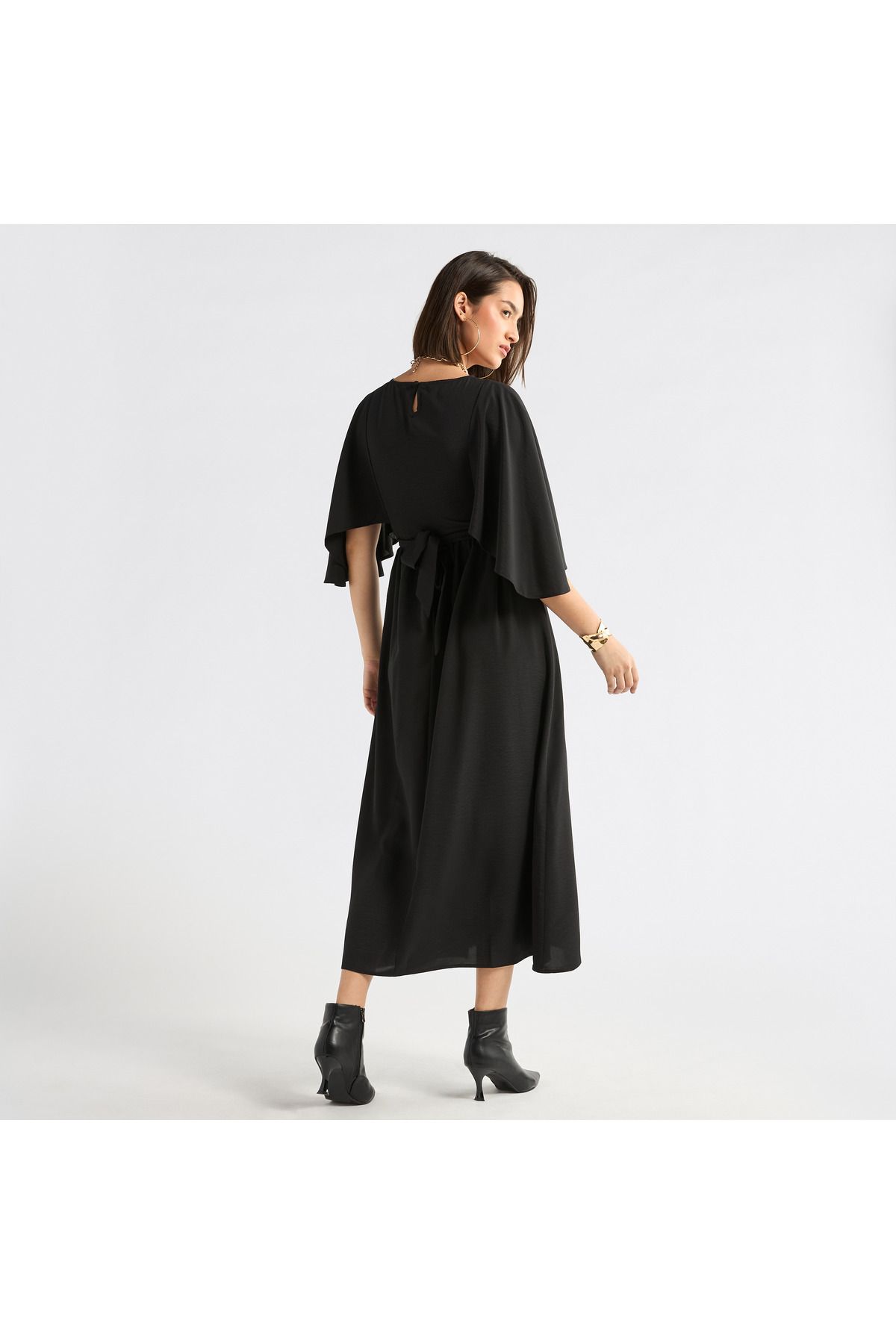 FAV-Solid Midi Dress with Flutter Sleeves and Tie-Up Belt 3
