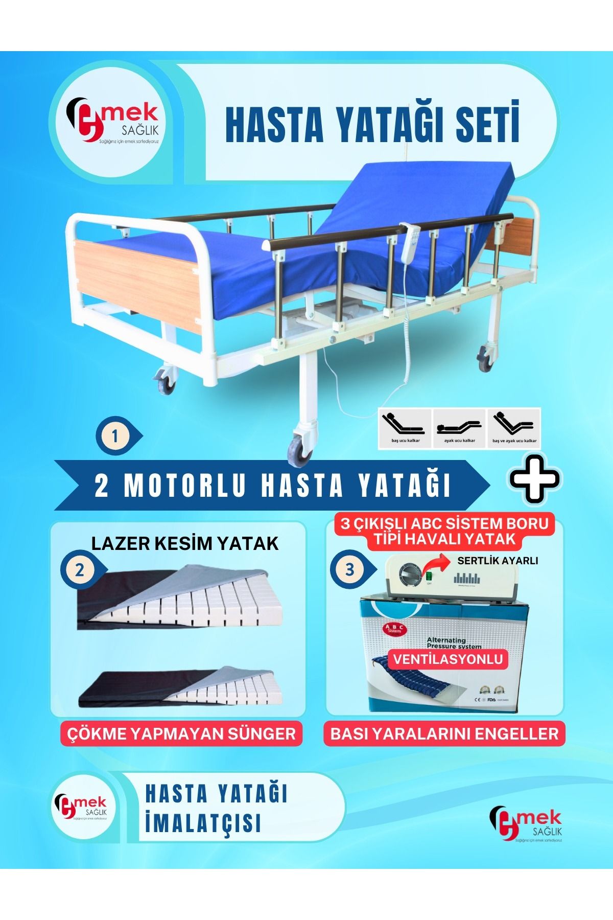 emek sağlık 2Motorlu Mdf Başlıklı Tabanca Korkuluklu Hasta Karyolası