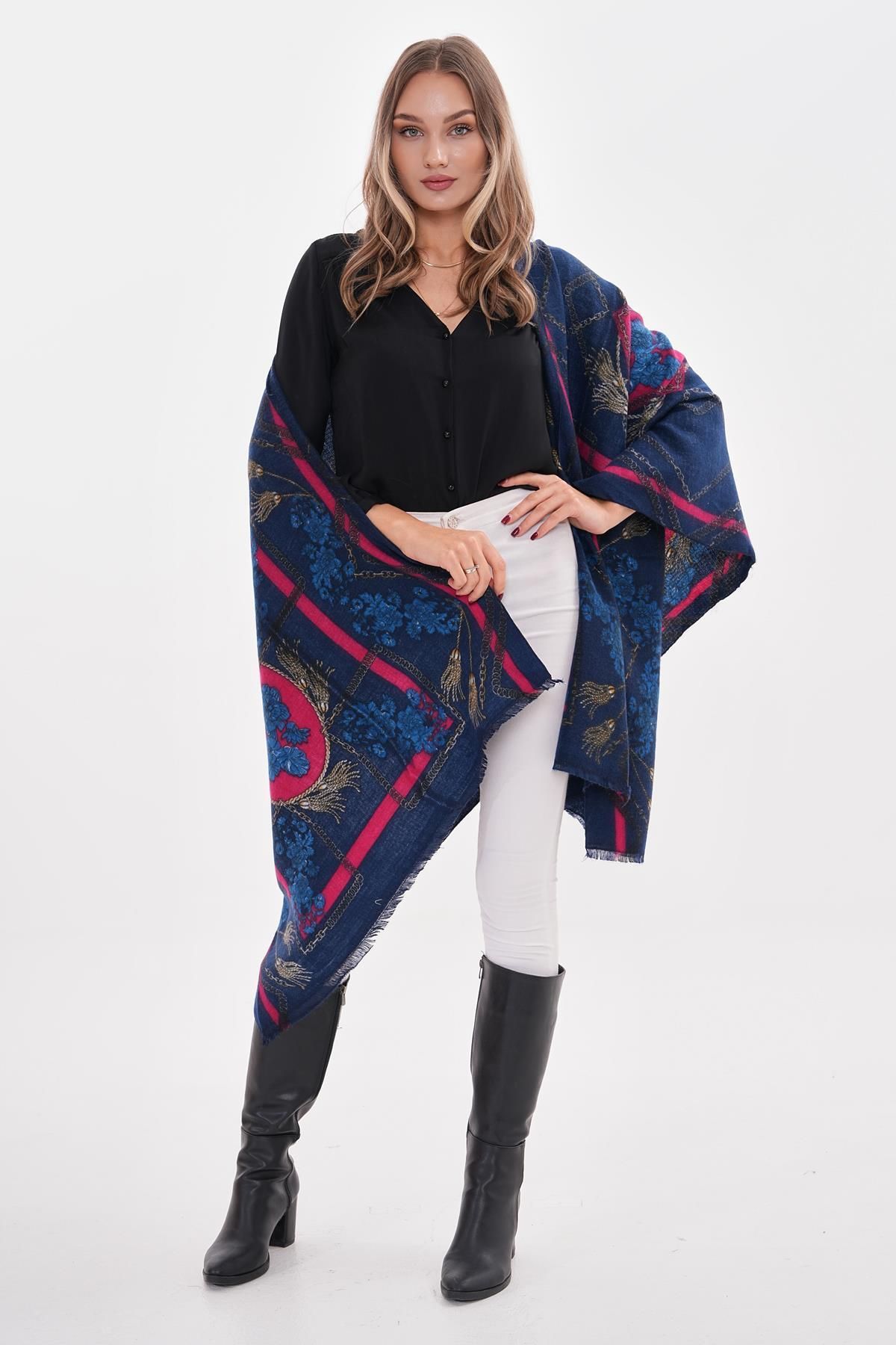 Axesoire-15288 Hyacinth Patterned Navy Blue Thick Shawl 2