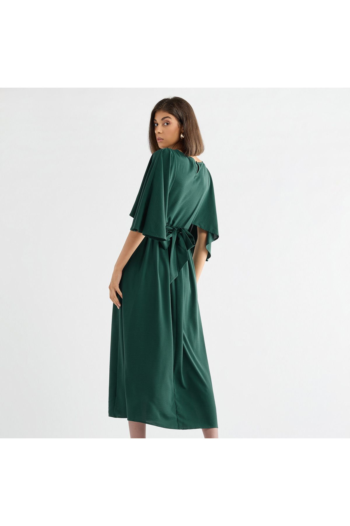 FAV-Solid Midi Dress with Flutter Sleeves and Tie-Up Belt 3