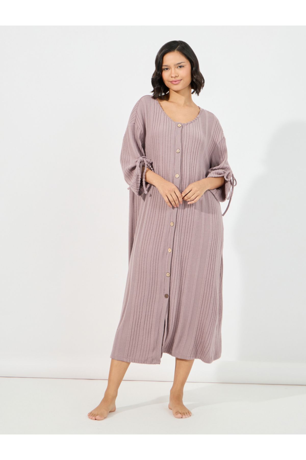 Styli-Rib Button Through Ruched Tie Detail Nightdress 1