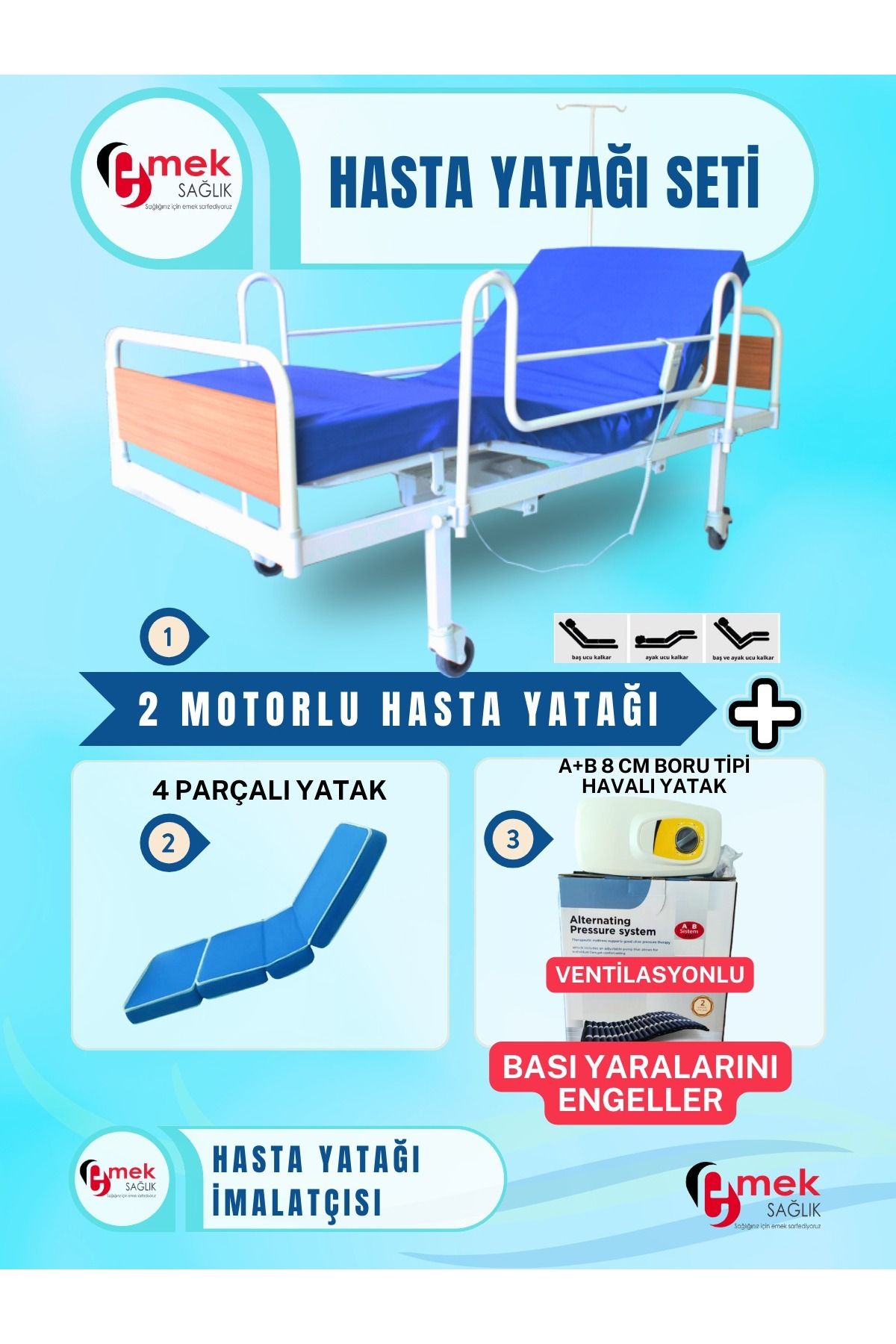 emek sağlık 2 Motorlu Ekonomik Hasta Karyolası + 4 Parçalı Yatak + A+B 8 cm Boru Tipi Havalı Yatak Takım