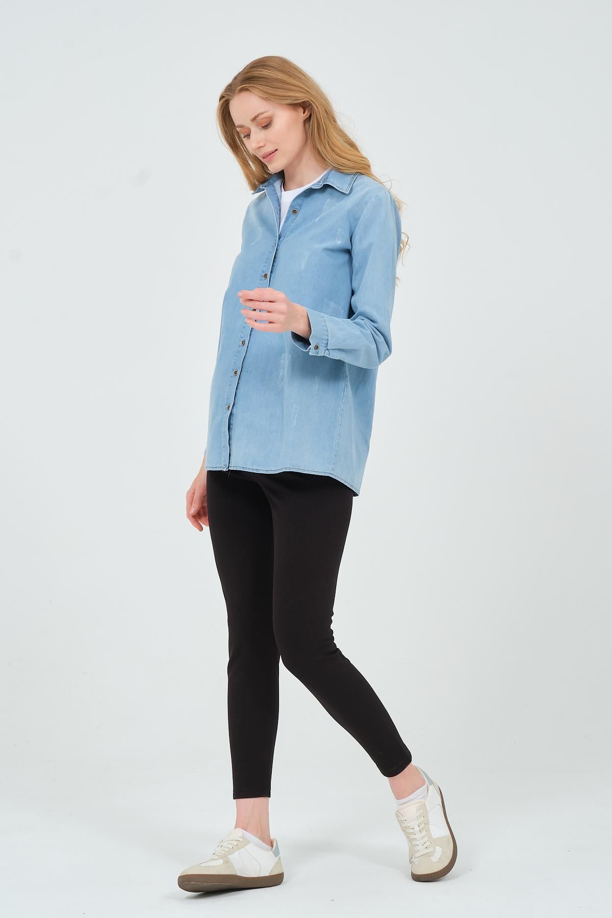 BUSA-Blue Maternity Long Sleeve Denim Shirt 2