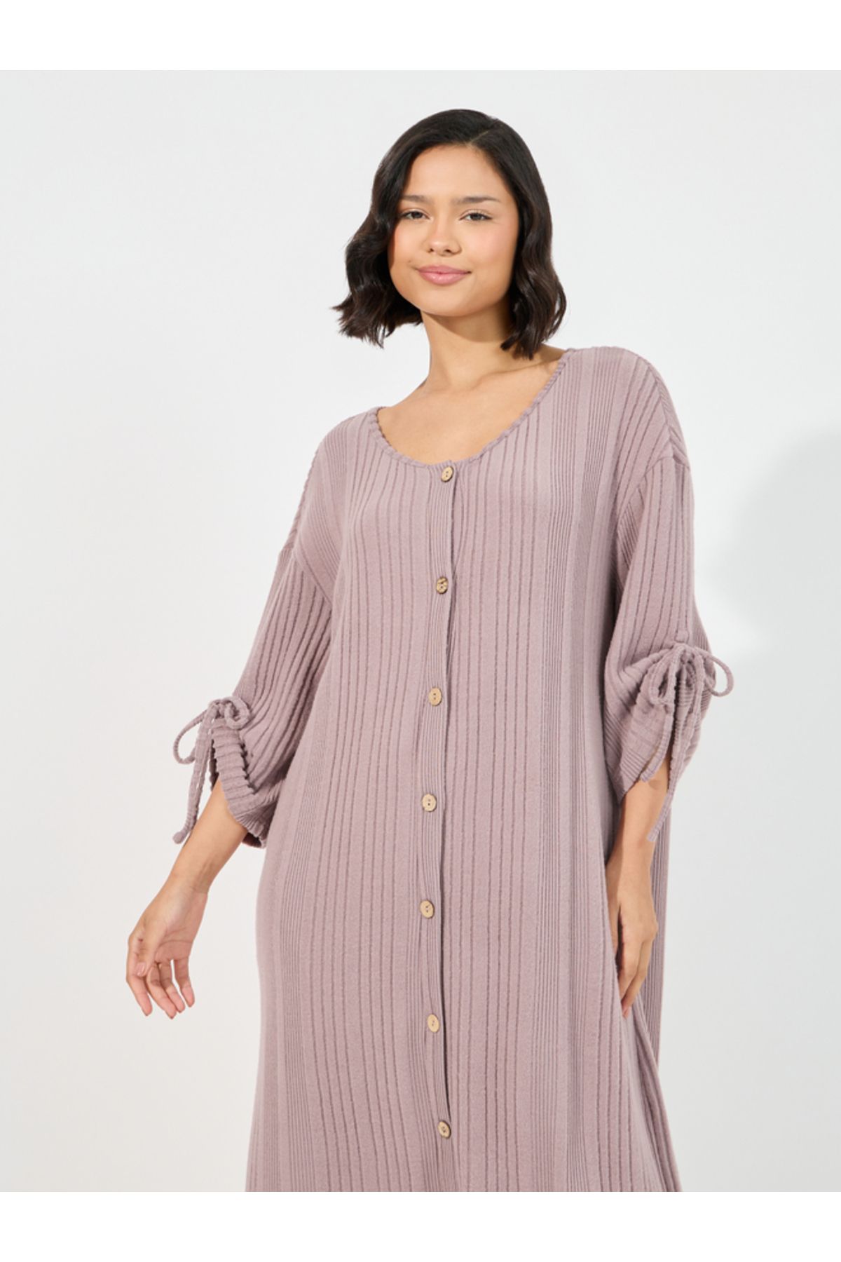 Styli-Rib Button Through Ruched Tie Detail Nightdress 2