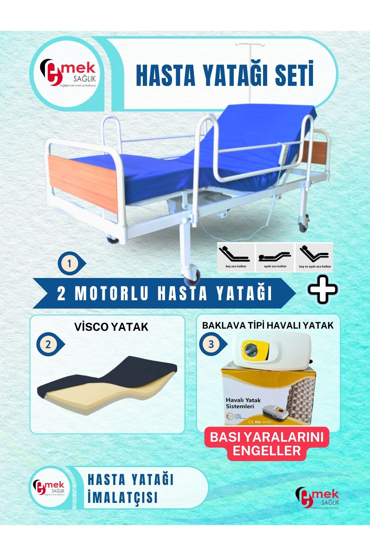 emek sağlık 2 Motorlu Ekonomik Hasta Karyolası + Visco Yatak + Baklava Tipi Havalı Yatak Takım