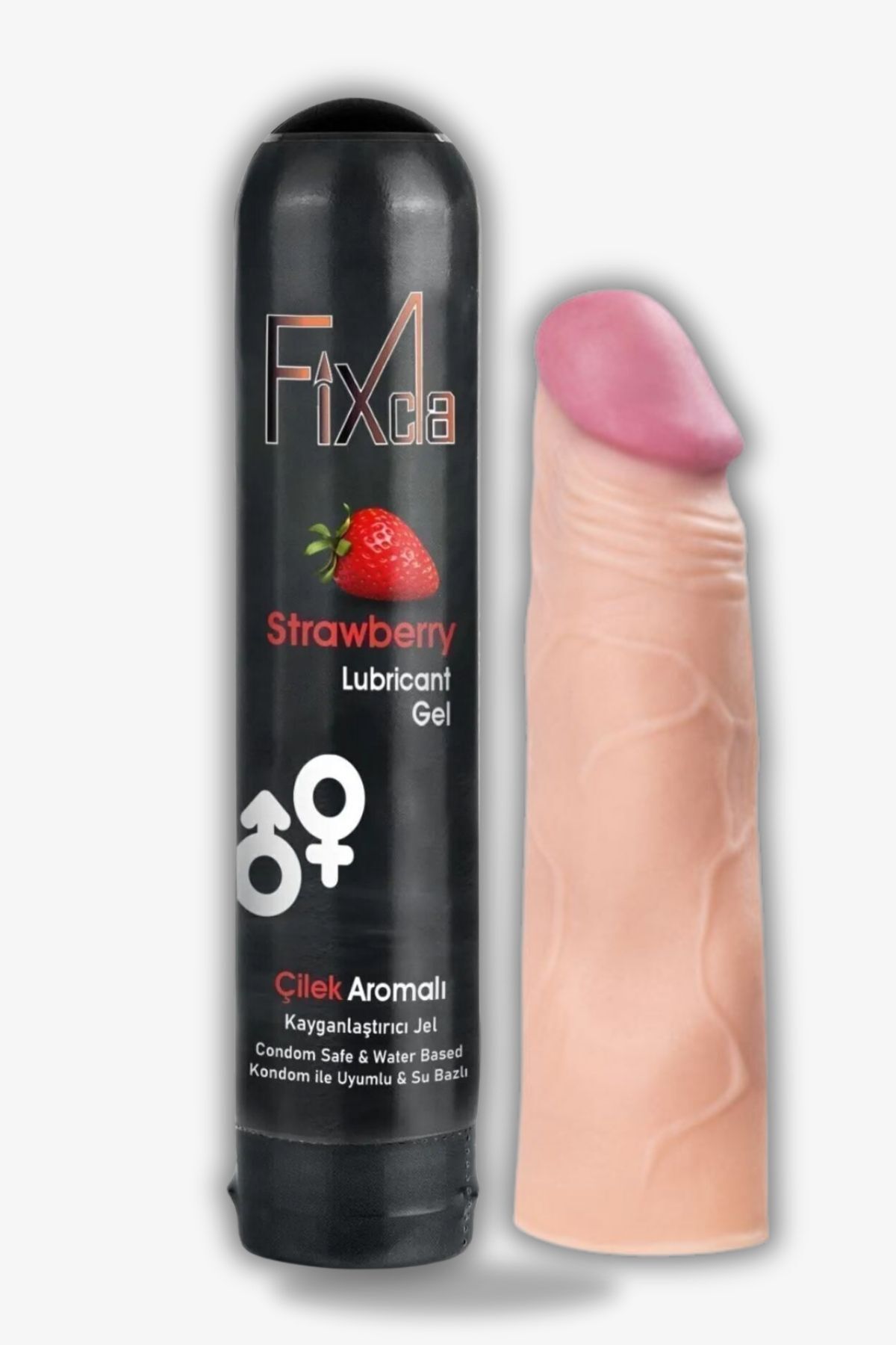 FixCla 125ml Çilek Aromalı Kayganlaştırıcı Seti - Büyük Penis Kılıfı ve Kayganlaştırıcı Seti