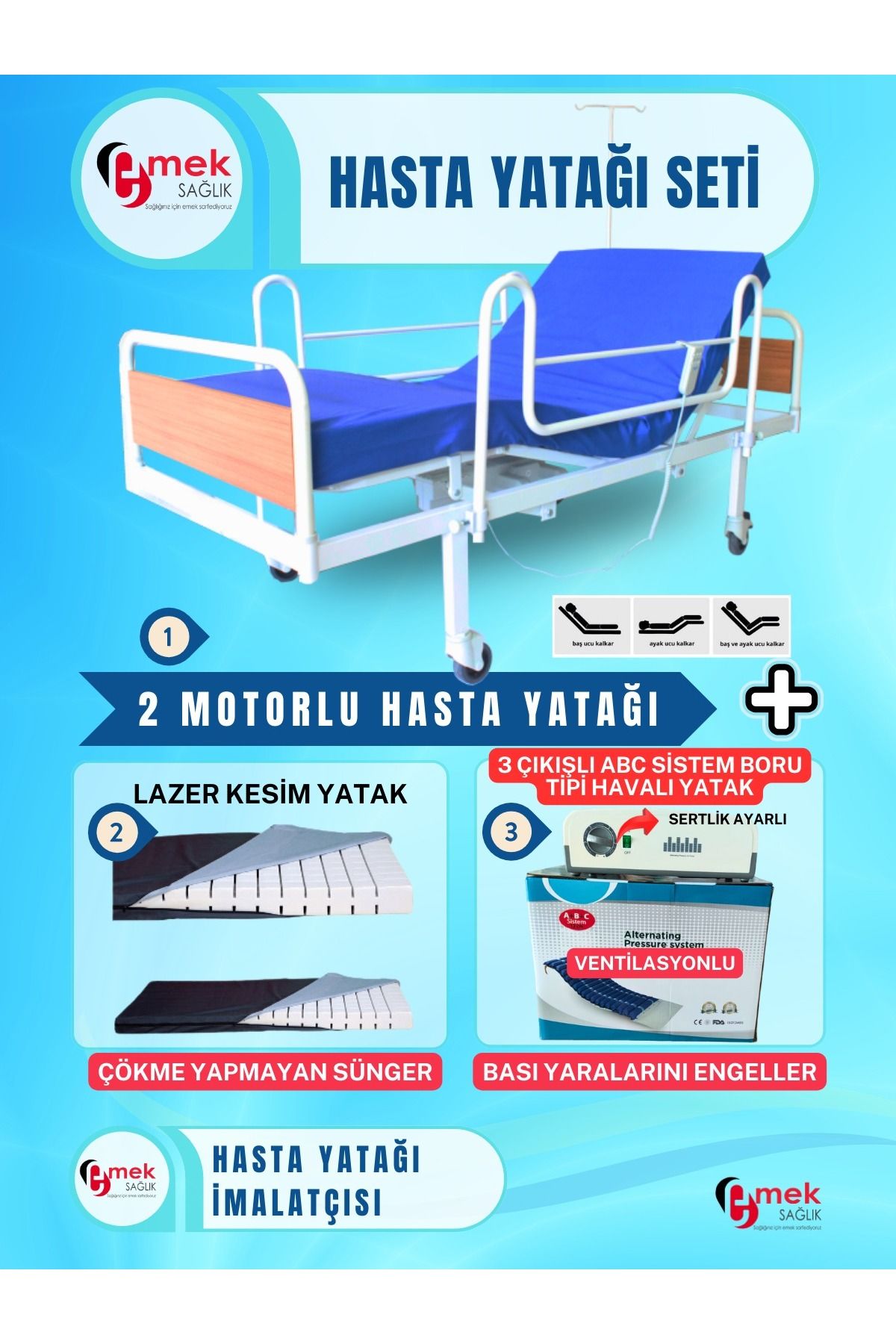 emek sağlık 2 Motorlu Ekonomik Hasta Karyolası + Lazer Kesim Yatak + 3 Çıkışlı ABC Sistem Boru Tipi Havalı Yatak