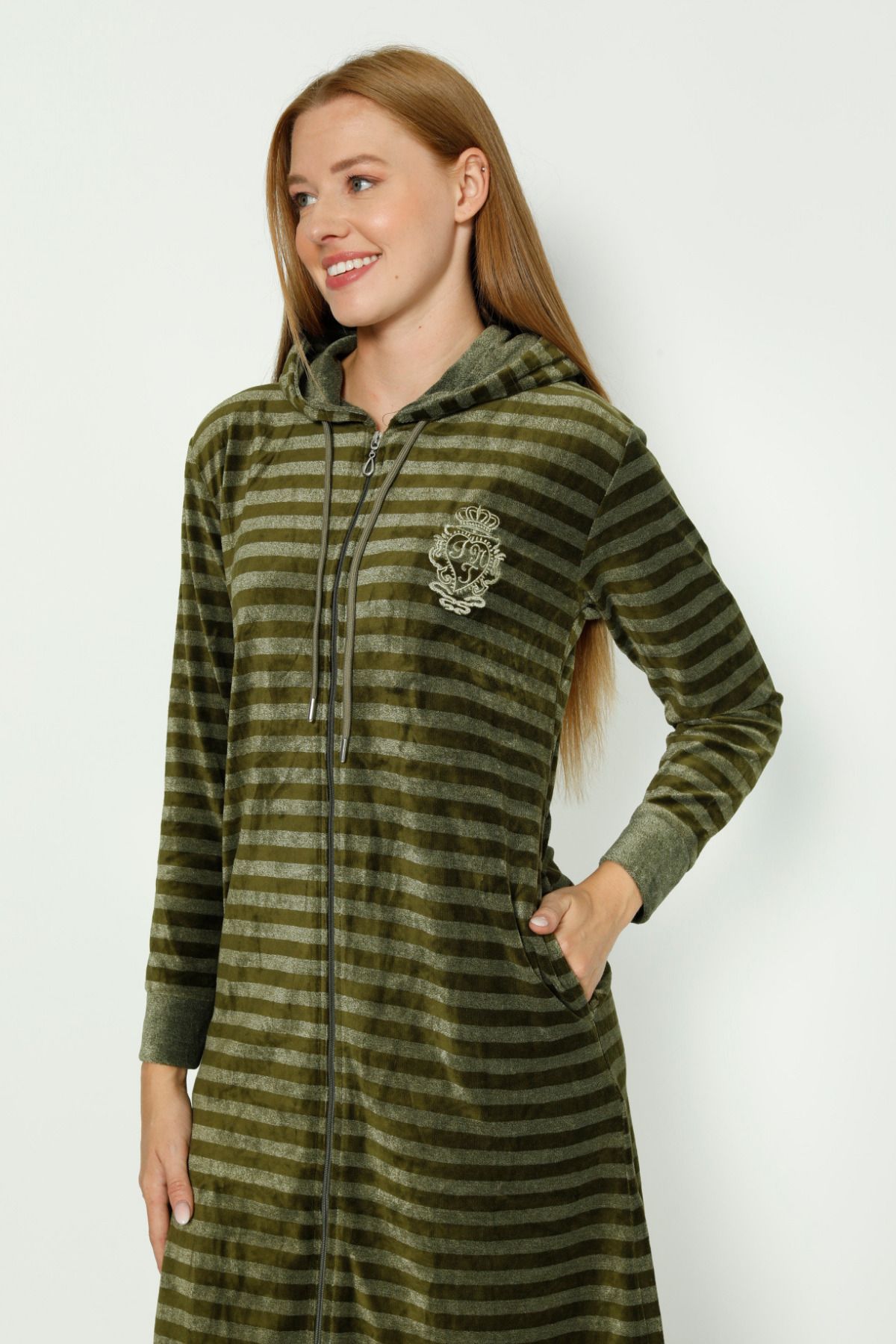 İntensive-Khaki Striped Hooded Embroidery Detailed Cotton Velvet Long-Sleeved Women's Dress 4