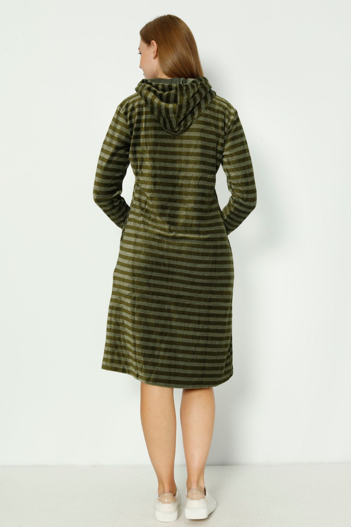 İntensive-Khaki Striped Hooded Embroidery Detailed Cotton Velvet Long-Sleeved Women's Dress 5