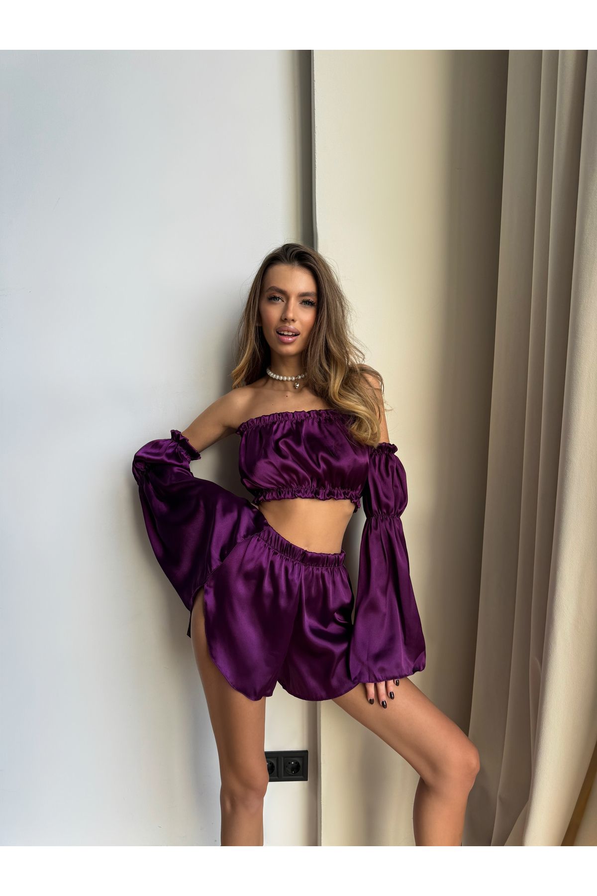 EDLİNGERİE-Elsa Satin Frilly Pyžamový set - Slivka 1