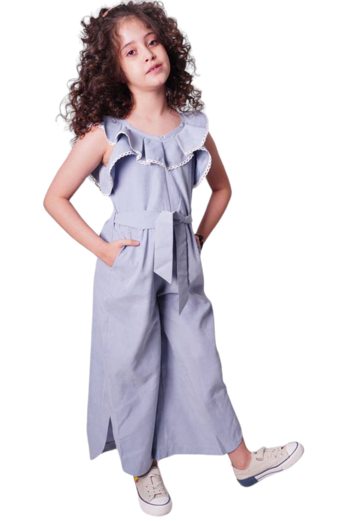 İrem Çocuk Giyim-Gray Micro Fabric - Girl's Jumpsuit, Laced Collar, Pocket and Belted Waistband 1