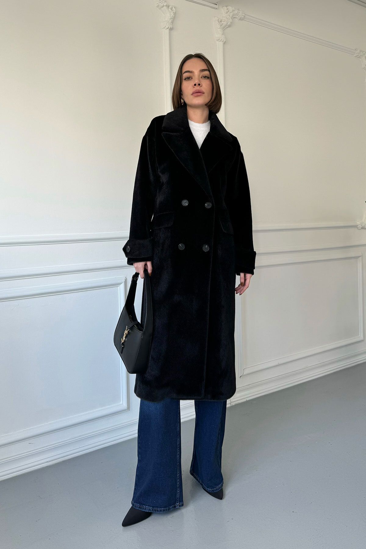 MAGARDE-Langer Federmantel mit doppelter Tasche – SCHWARZ 3