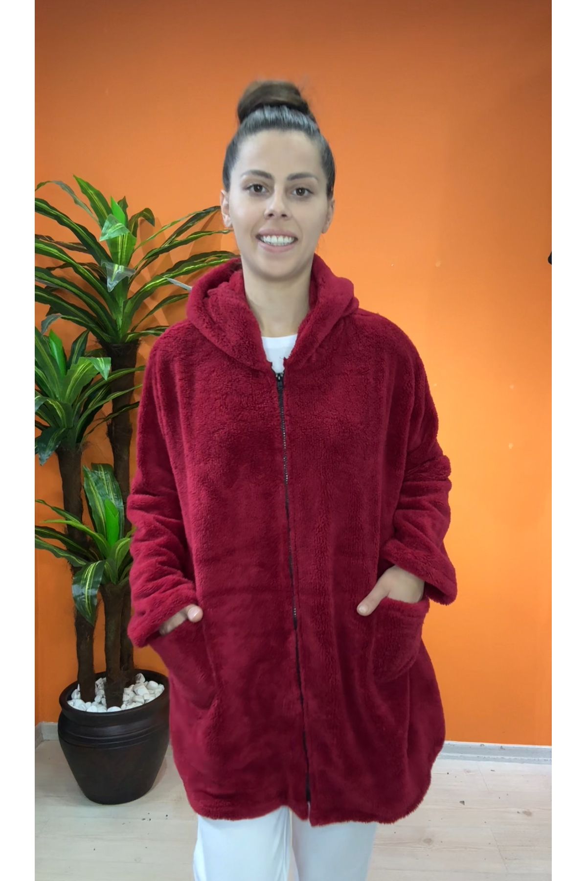 Kardelen Butik Ümraniye-Burgundy Loose Zippered Fleece Cardigan 1