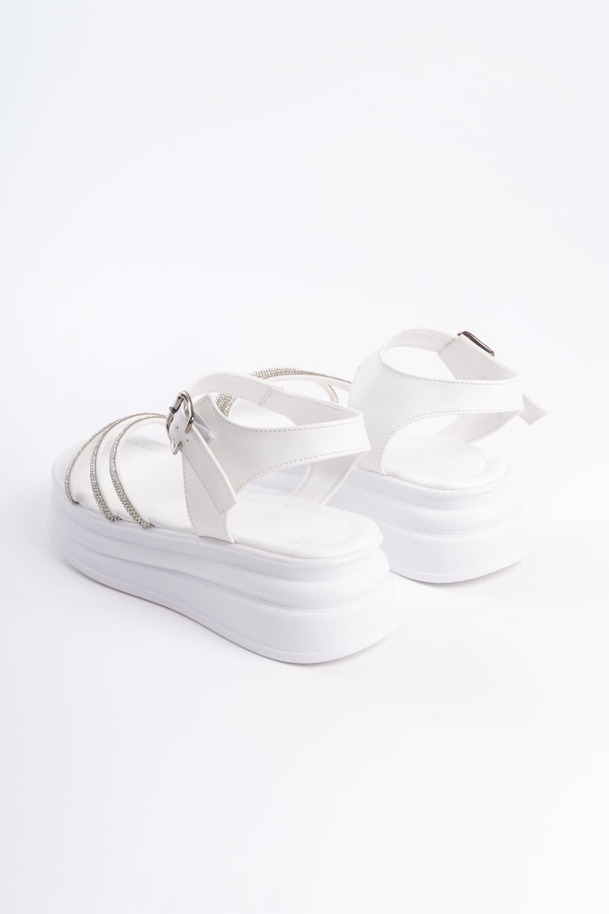 YeniBazaar-Lisinya948 Orthopedic Sole Stone Detailed Thick Buckle Women's Sandals - Bt White 5