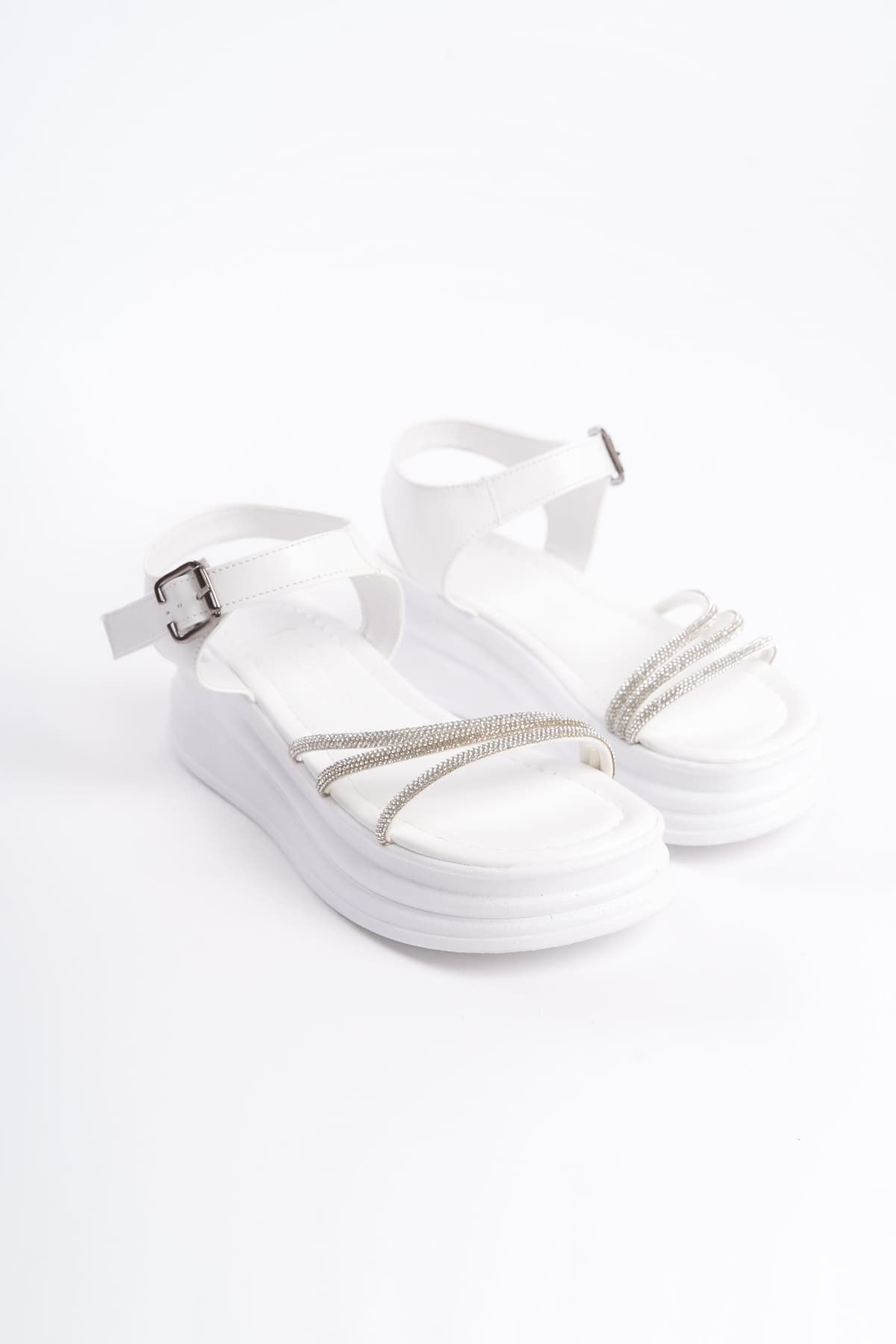 YeniBazaar-Lisinya948 Orthopedic Sole Stone Detailed Thick Buckle Women's Sandals - Bt White 4