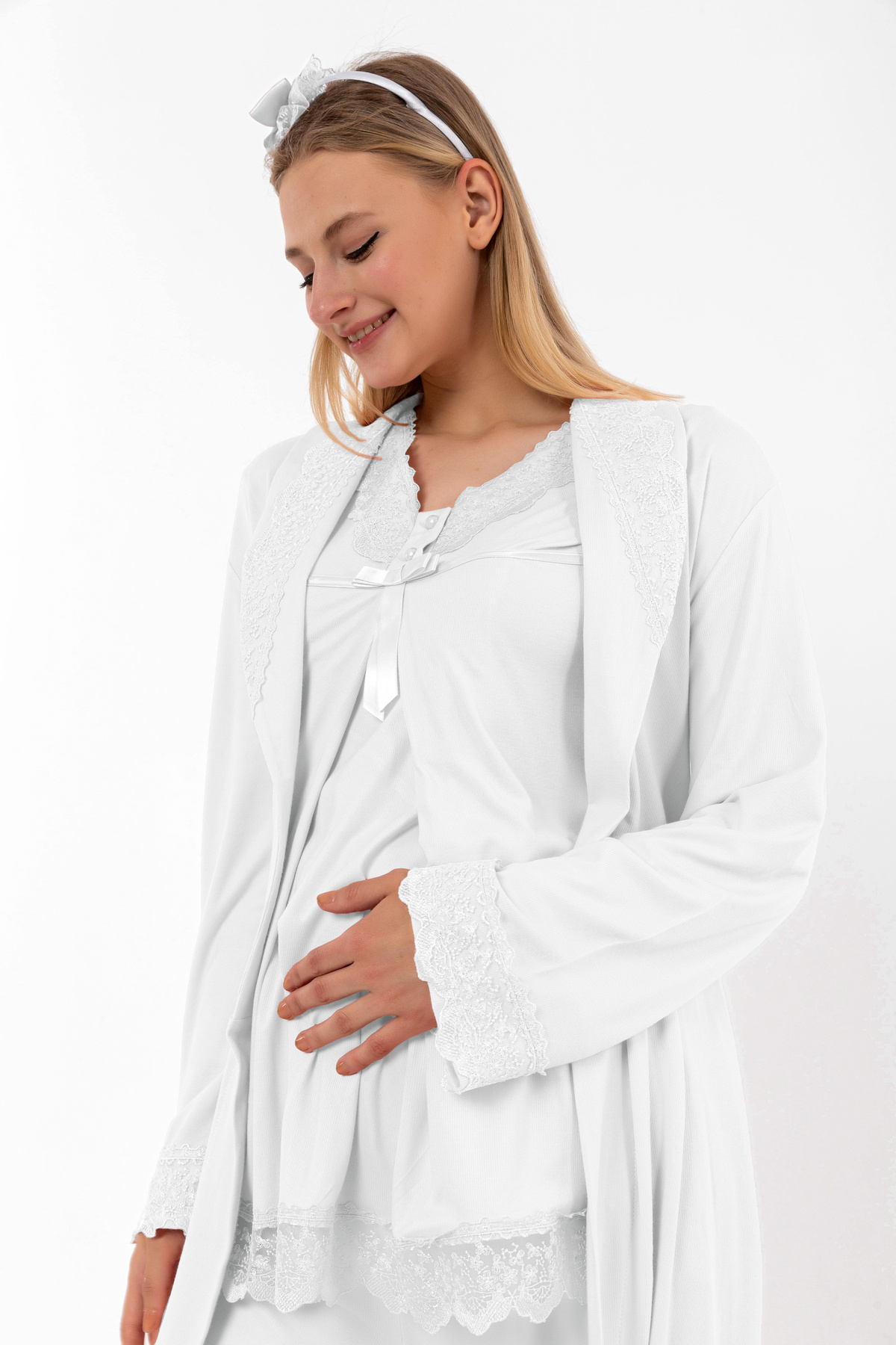 ByLohusa Effortt Ekru Sabahlıklı Hamile Lohusa Pijama Takımı