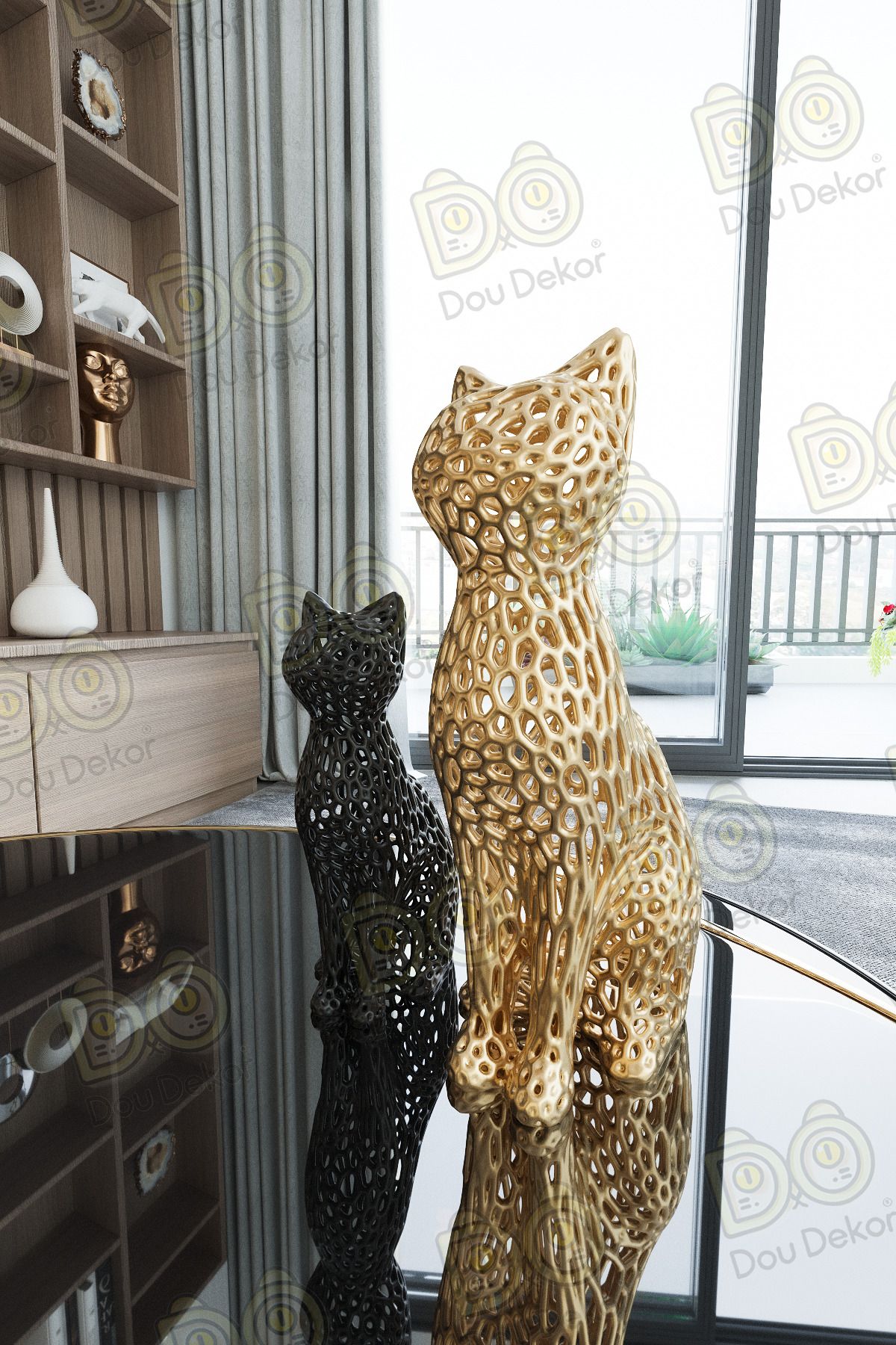 Kedi Biblo Seti Voronoi Desenli | 20 cm Metalik Gold & 15 cm Siyah | Modern Dekoratif Heykel Seti