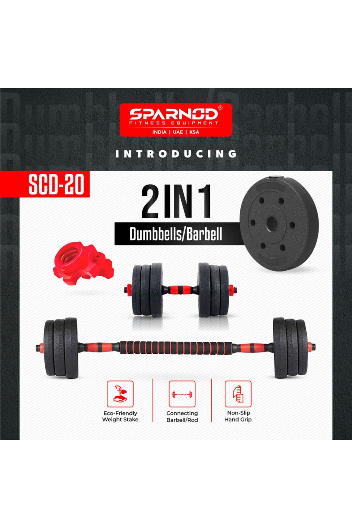 Sparnod Fitness-SCD-20 20Kg  2-in-1 Dumbbells/Barbell Set, 3-Step Assembly, PVC Coated, Eco-Friendly 2