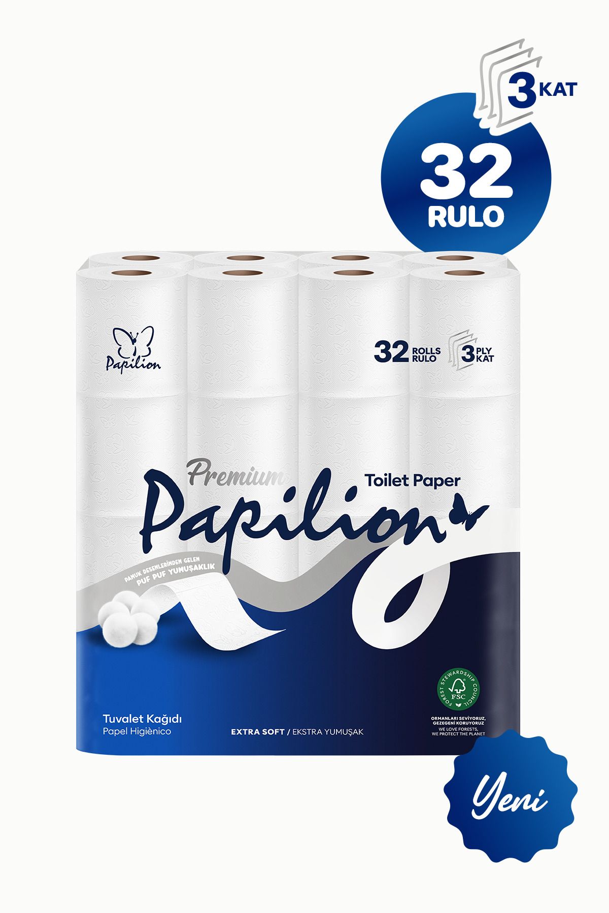 Papilion Premium Tuvalet Kağıdı 3 Katlı Ekstra Yumuşak 32 Rulo