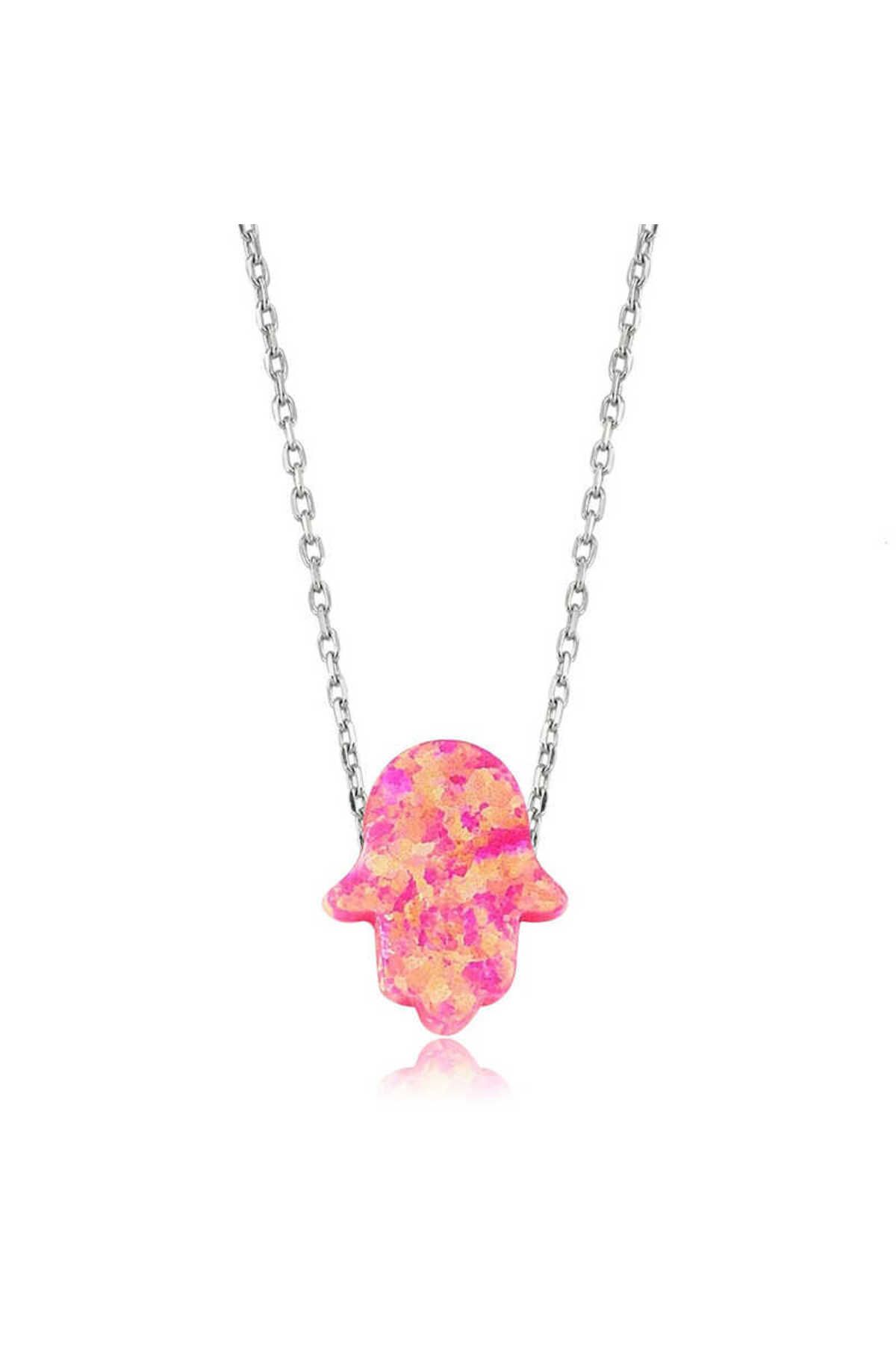 NİDAM BUTİK Gümüş Pembe Opal Fatma Eli Kolye