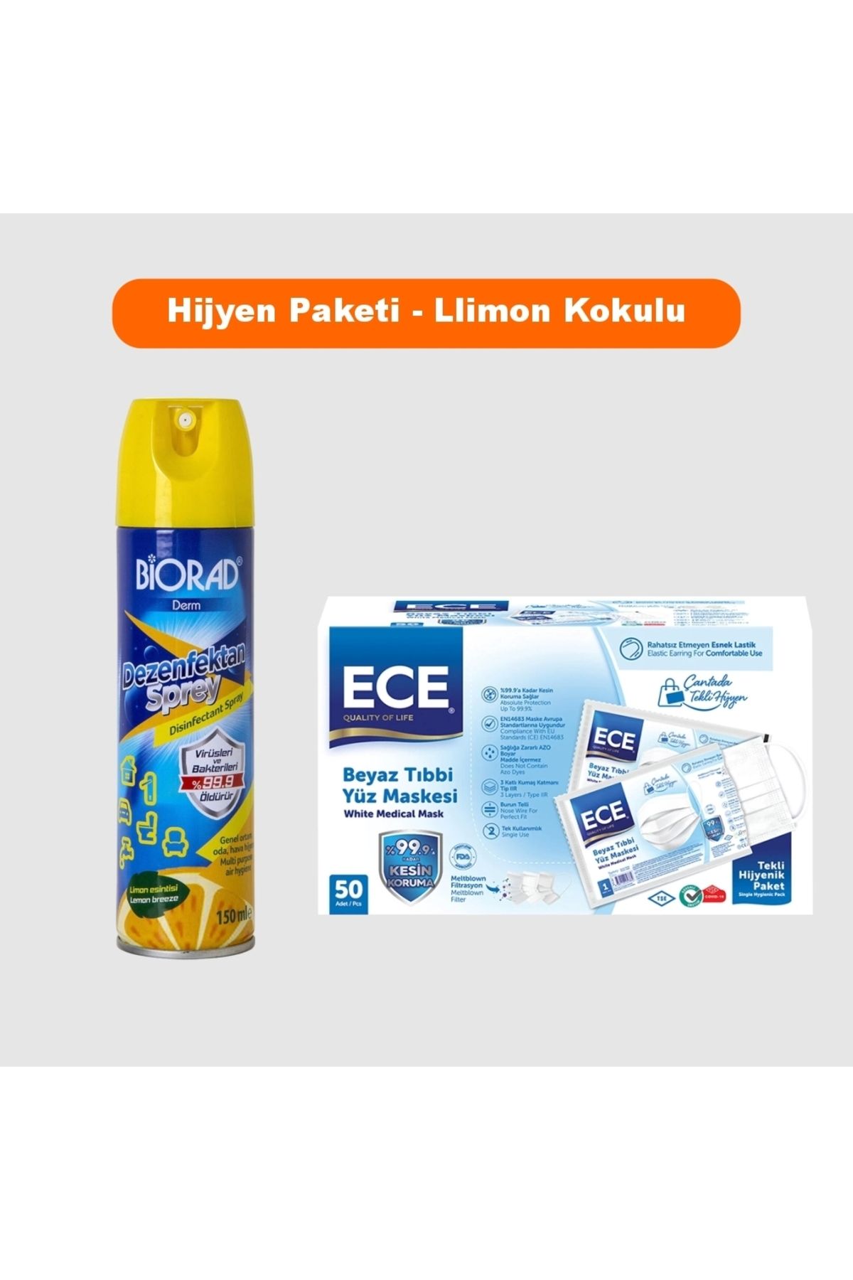 BİORAD Hijyen Paketi - Limon Kokulu Sprey Dezenfektan 150ml + Steril Maske 50'li