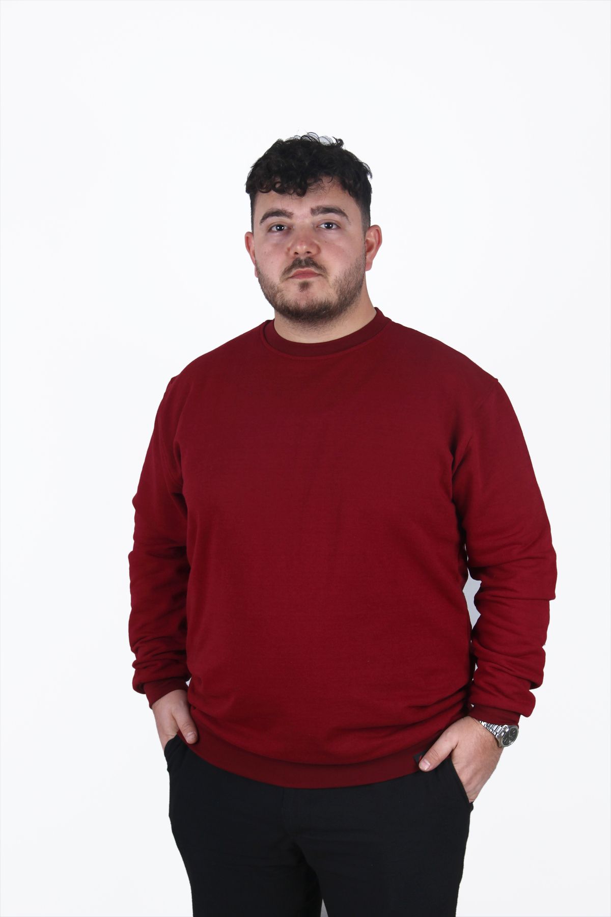 ekis collection Büyük Beden Bordo Sıfır Yaka Sweatshirt