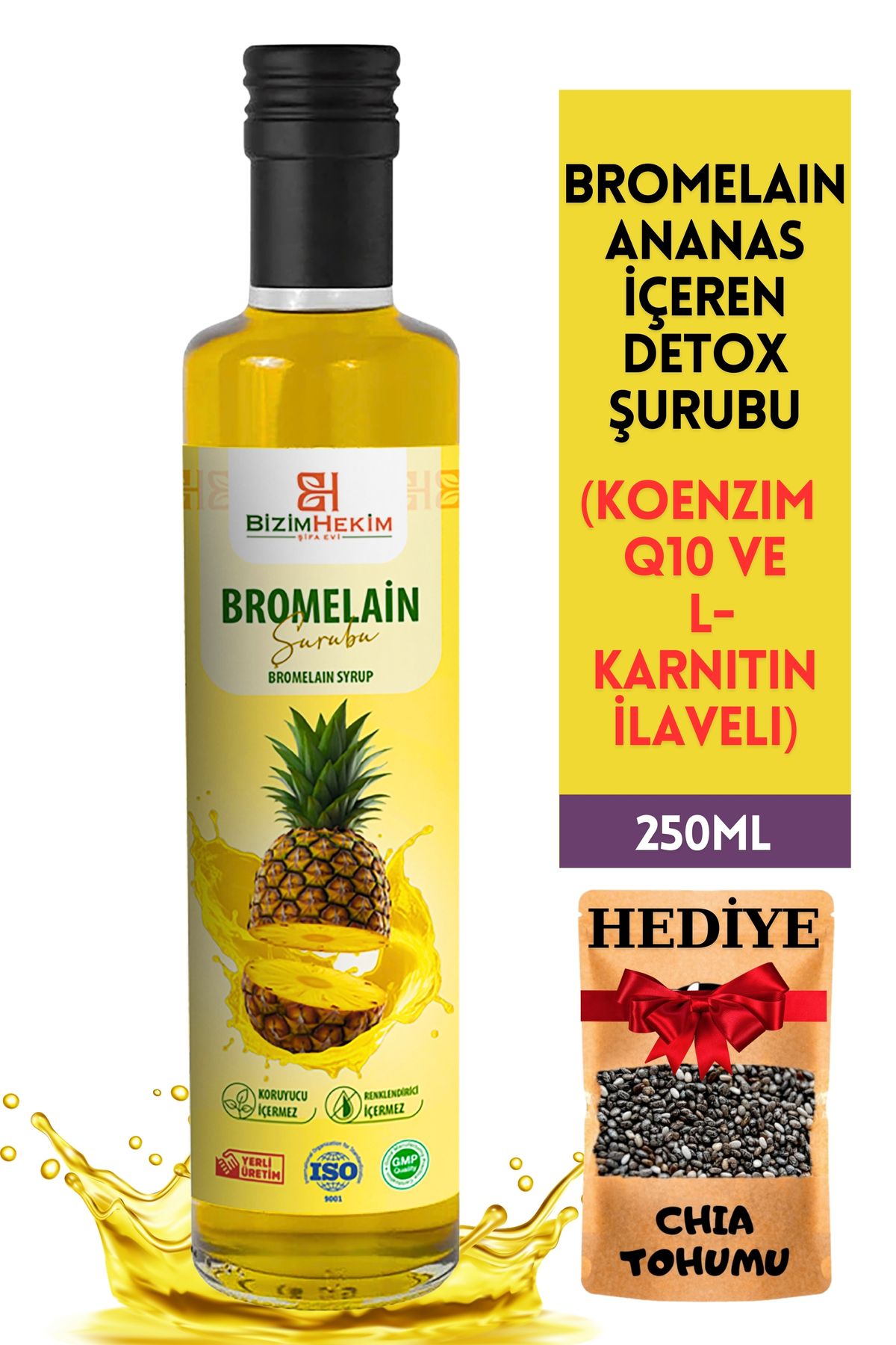 BİZİMHEKİM Bromelain Ananas İçeren Detox Şurubu 250 ml (KOENZİM Q10 VE L-KARNİTİN ILAVELİ)