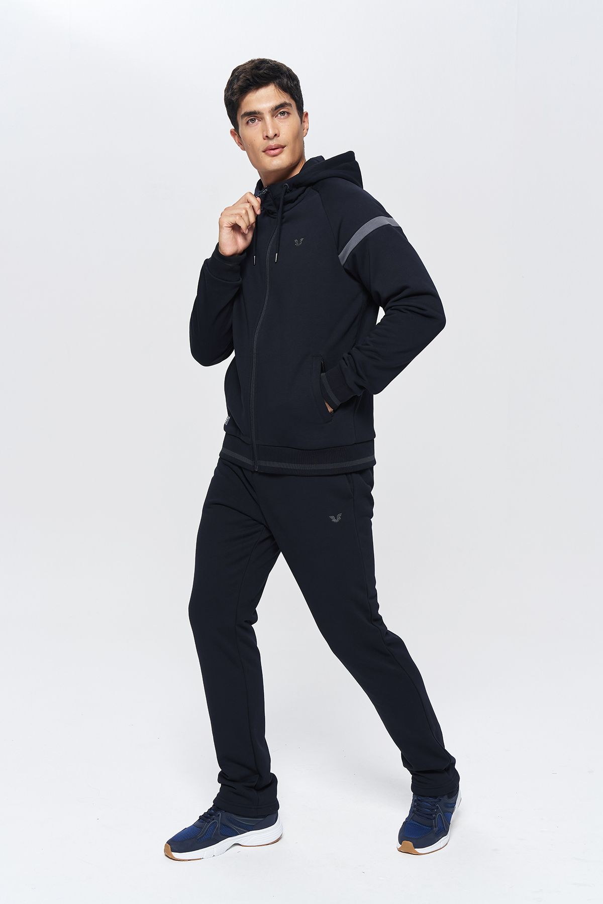 bilcee-Men's Dark Navy Blue Stand Collar Fleece Inside Lower Top Tracksuit Set 9811 4