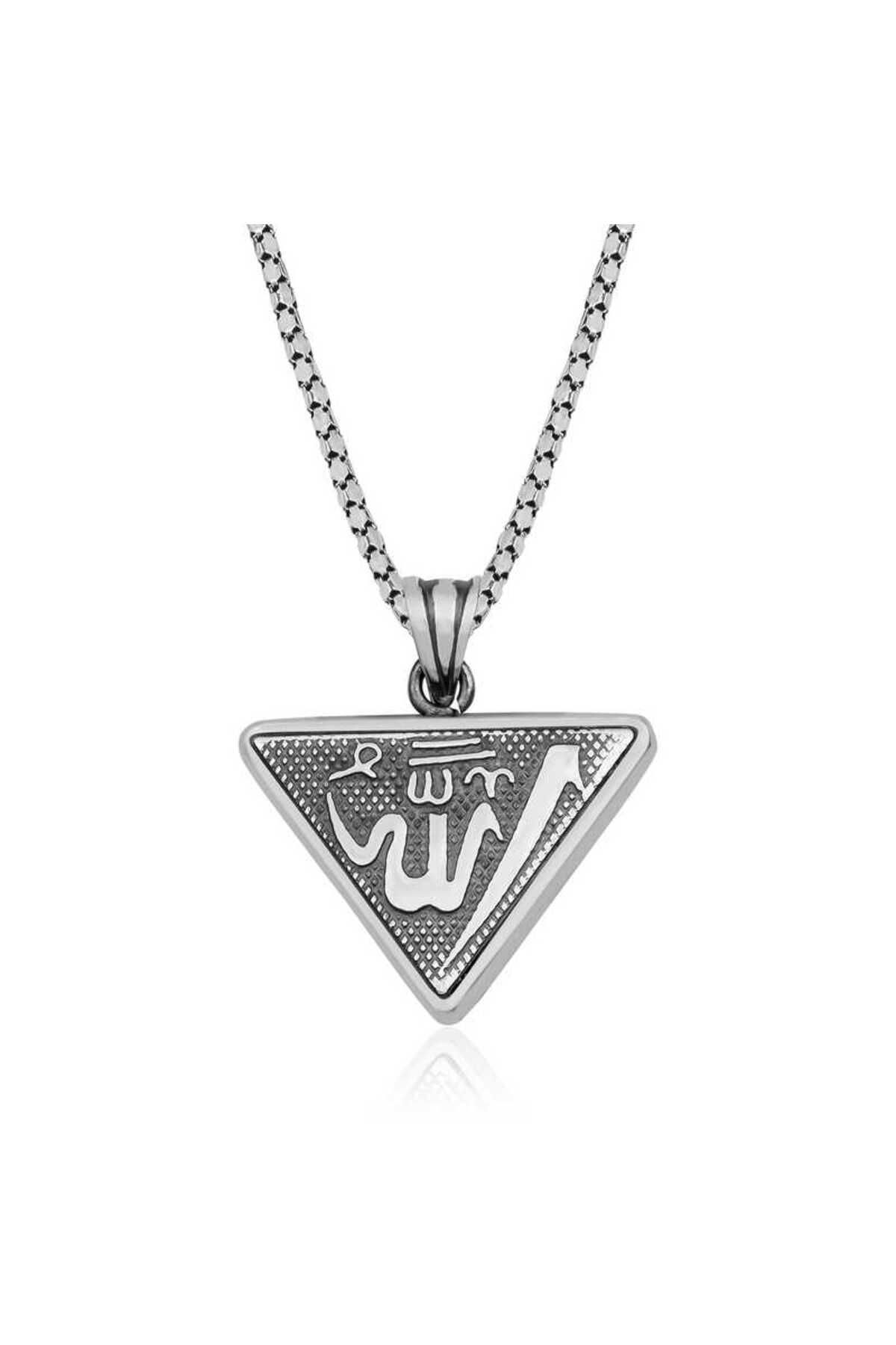 NİDAM BUTİK Gümüş Üçgen Allah Yazılı Cevşen Dualı Kolye