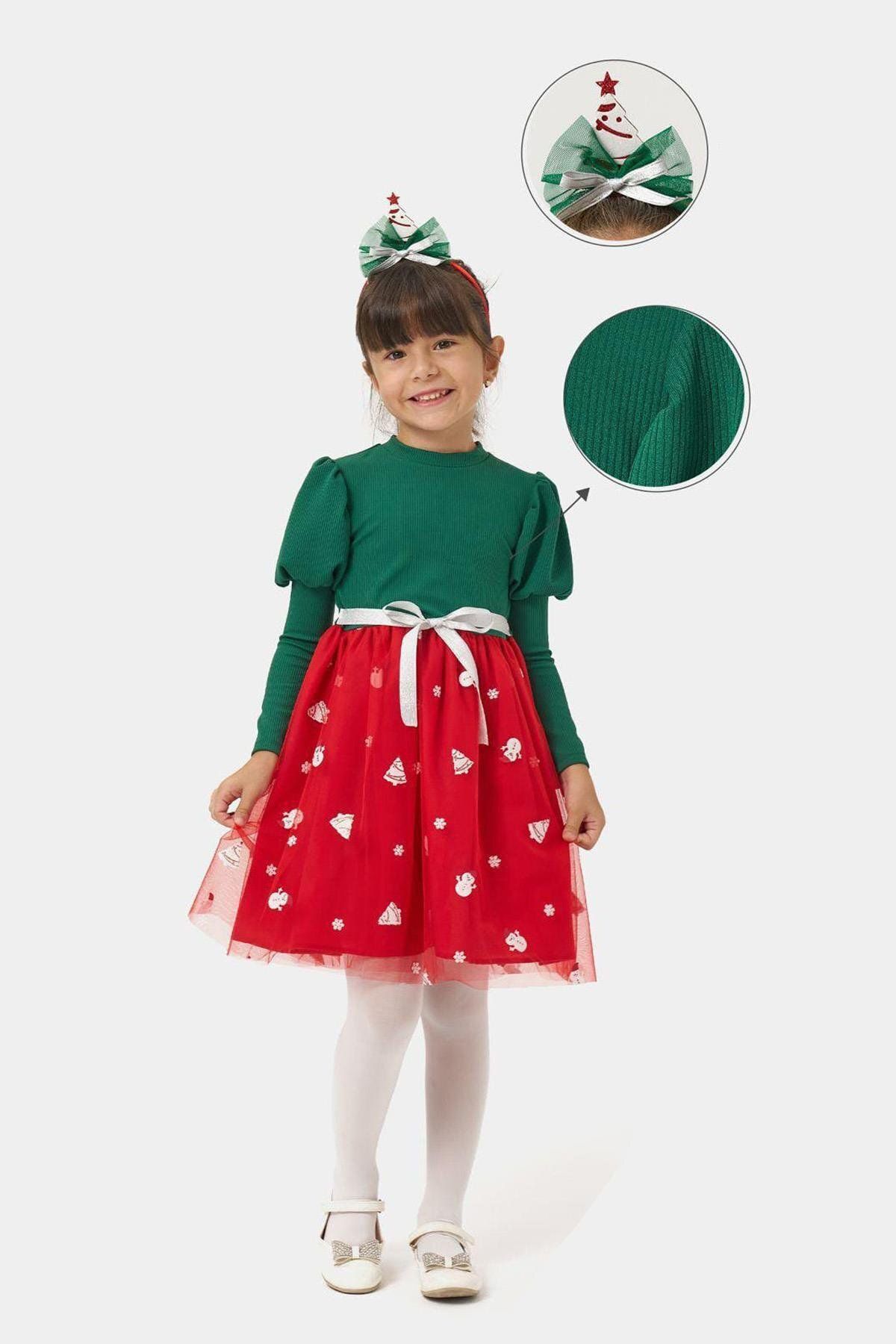 Trend Baby Kids-Green Balloon Sleeve Design Girl's Dress - Crown Gift 1