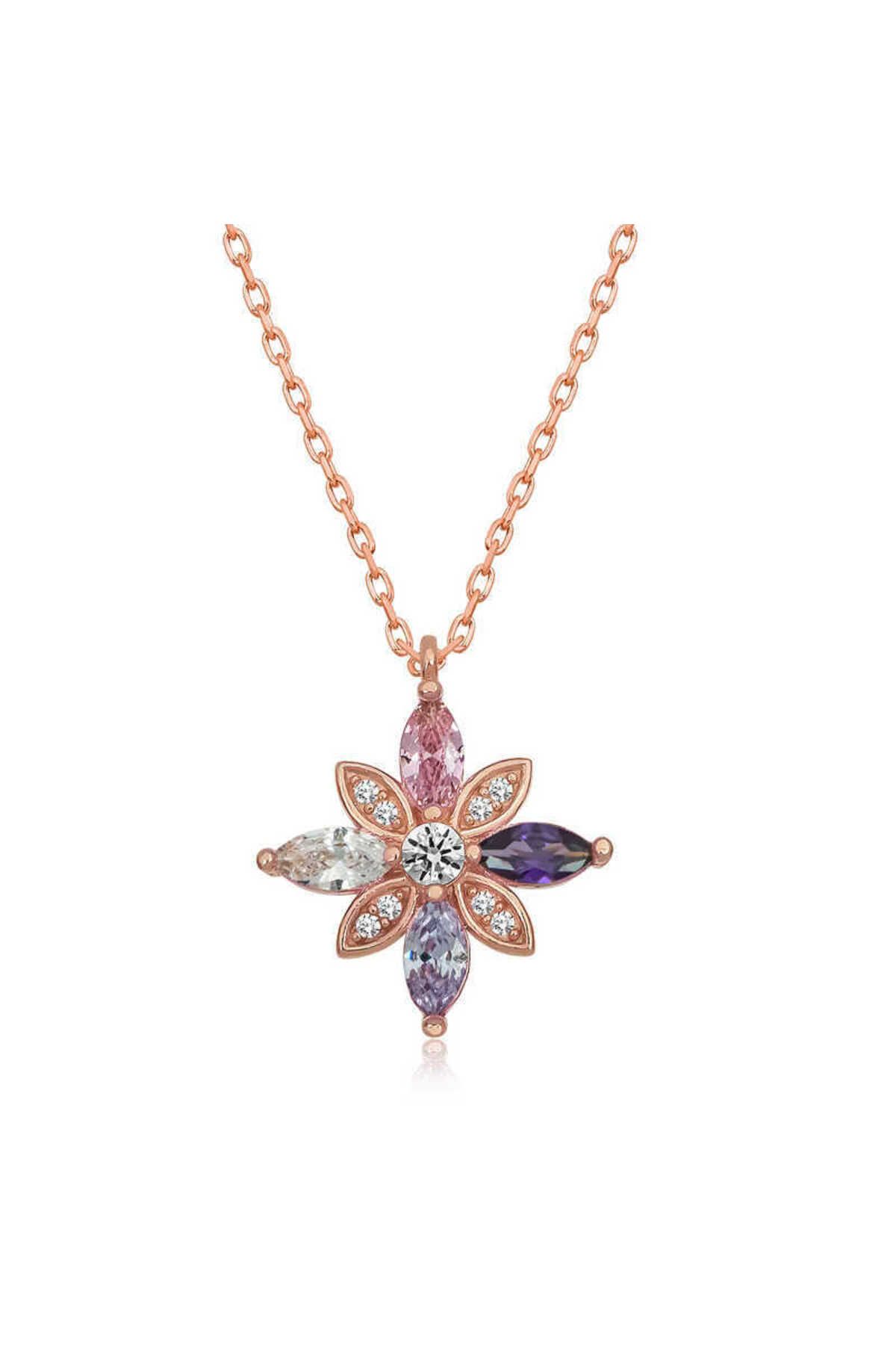 NİDAM BUTİK Gümüş Rose Mix Taşlı Umut Çiçeği Kolye