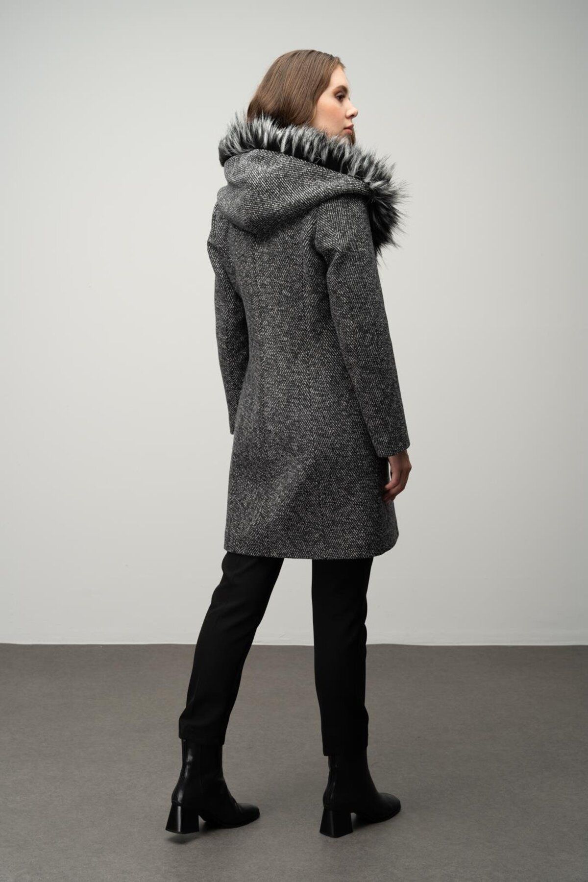 Olcay-Herringbone Pattern - Furry Hood and Belted Black Coat 3044 8