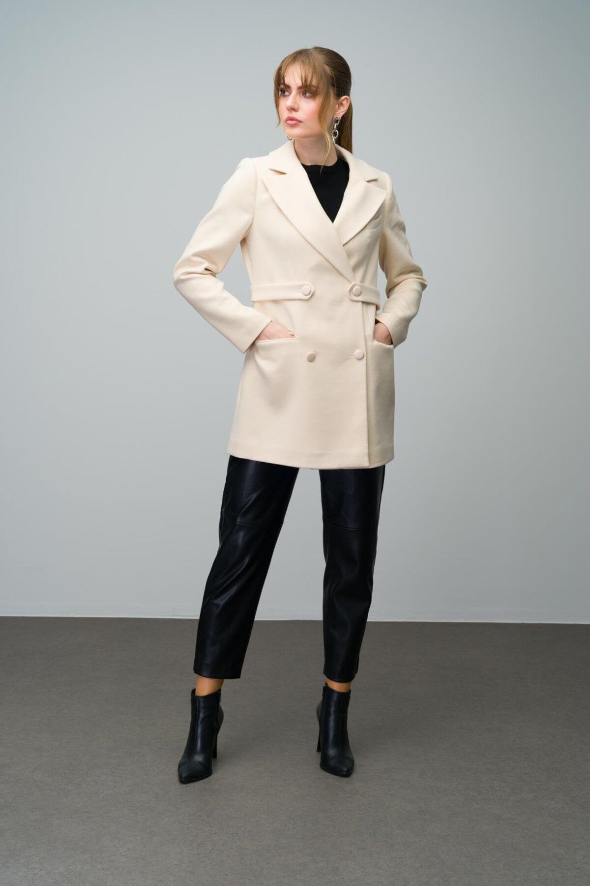 Olcay-Double Breasted Short Coat - Belt Detail, ECRU 3017 4