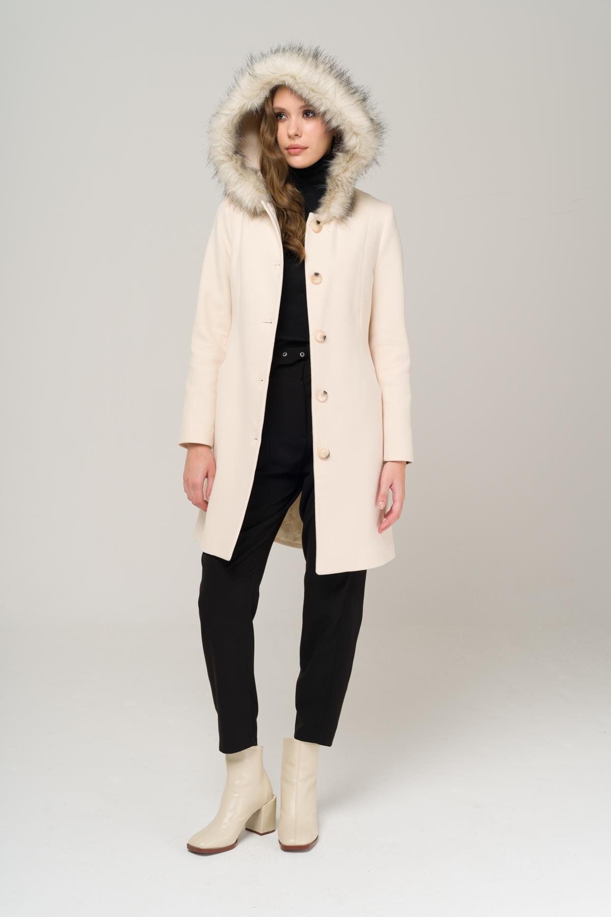 Olcay-Hooded Furry Belted Coat EKRU 3986 5