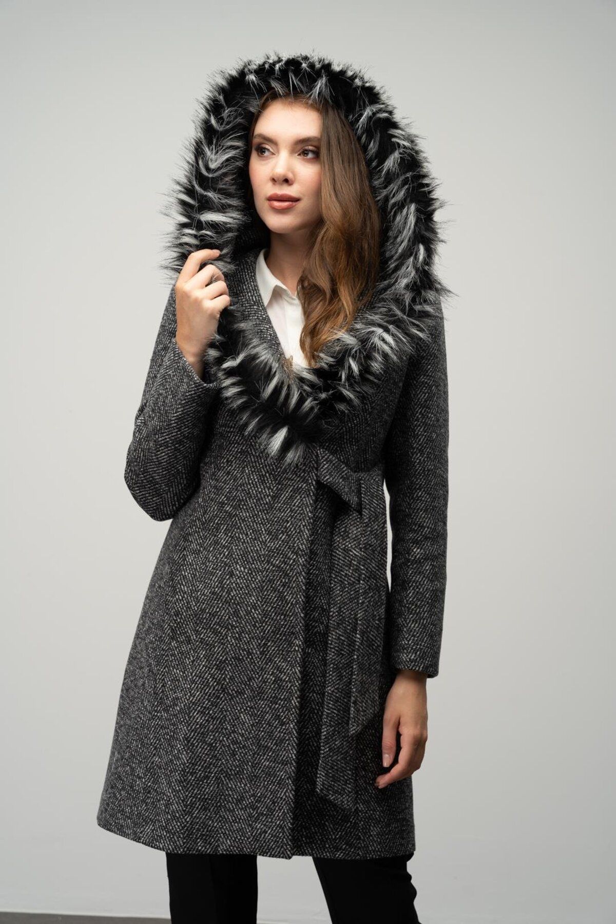 Olcay-Herringbone Pattern - Furry Hood and Belted Black Coat 3044 1