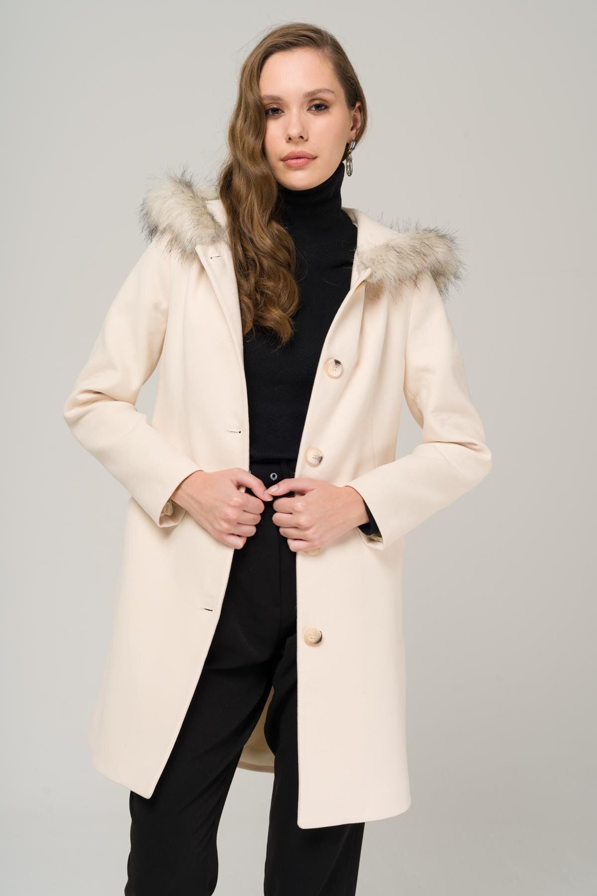 Olcay-Hooded Furry Belted Coat EKRU 3986 1