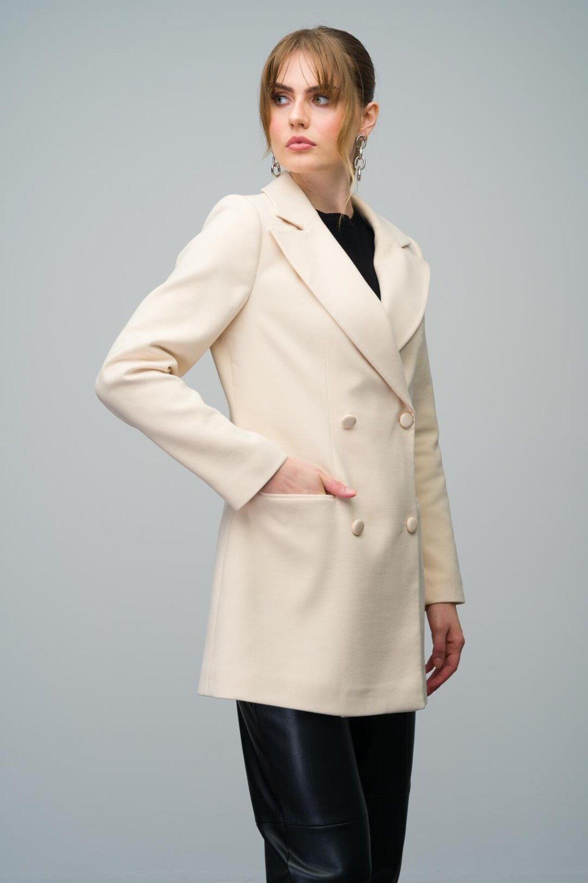 Olcay-Double Breasted Short Coat - Belt Detail, ECRU 3017 7