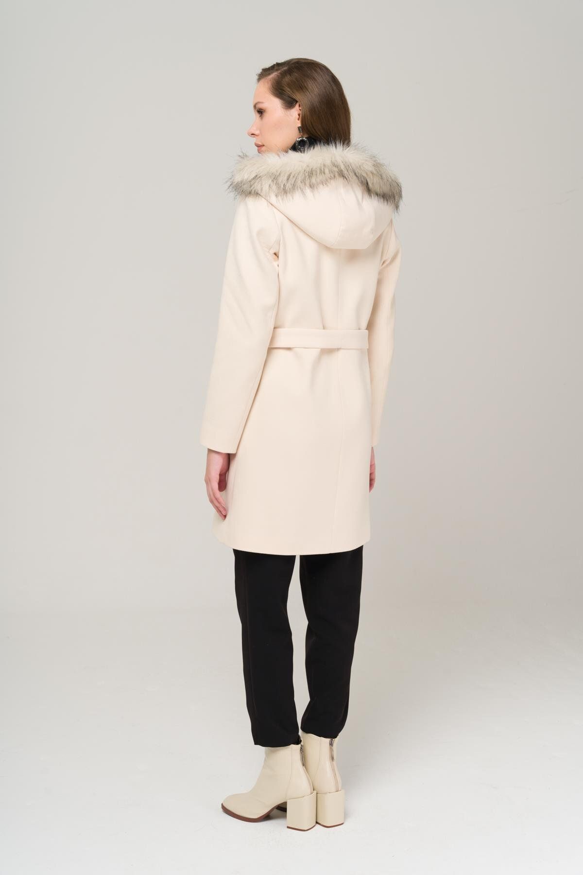 Olcay-Hooded Furry Belted Coat EKRU 3986 7