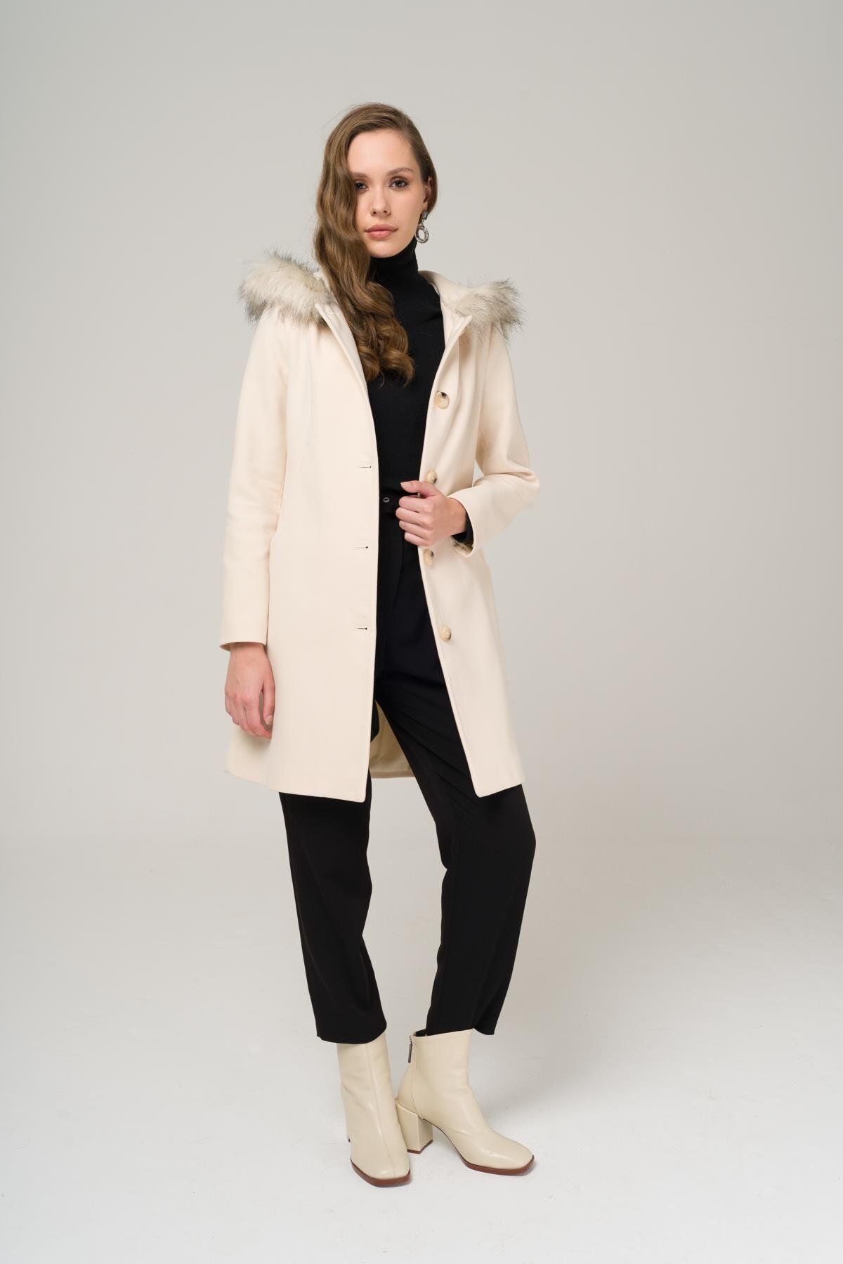 Olcay-Hooded Furry Belted Coat EKRU 3986 4