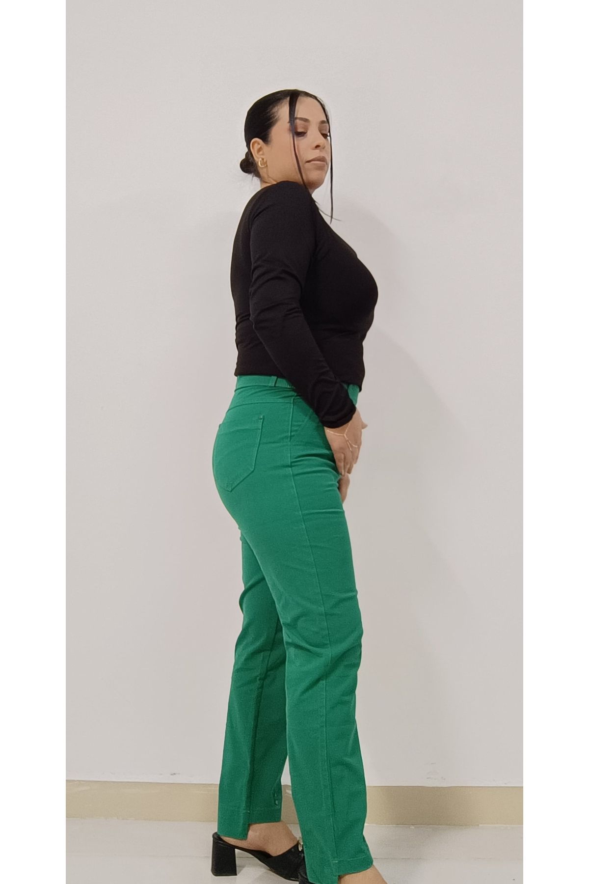 AKŞEN GİYİM-Large Size Recovery Size Thin Showing High Waist Green Coton Pant 3