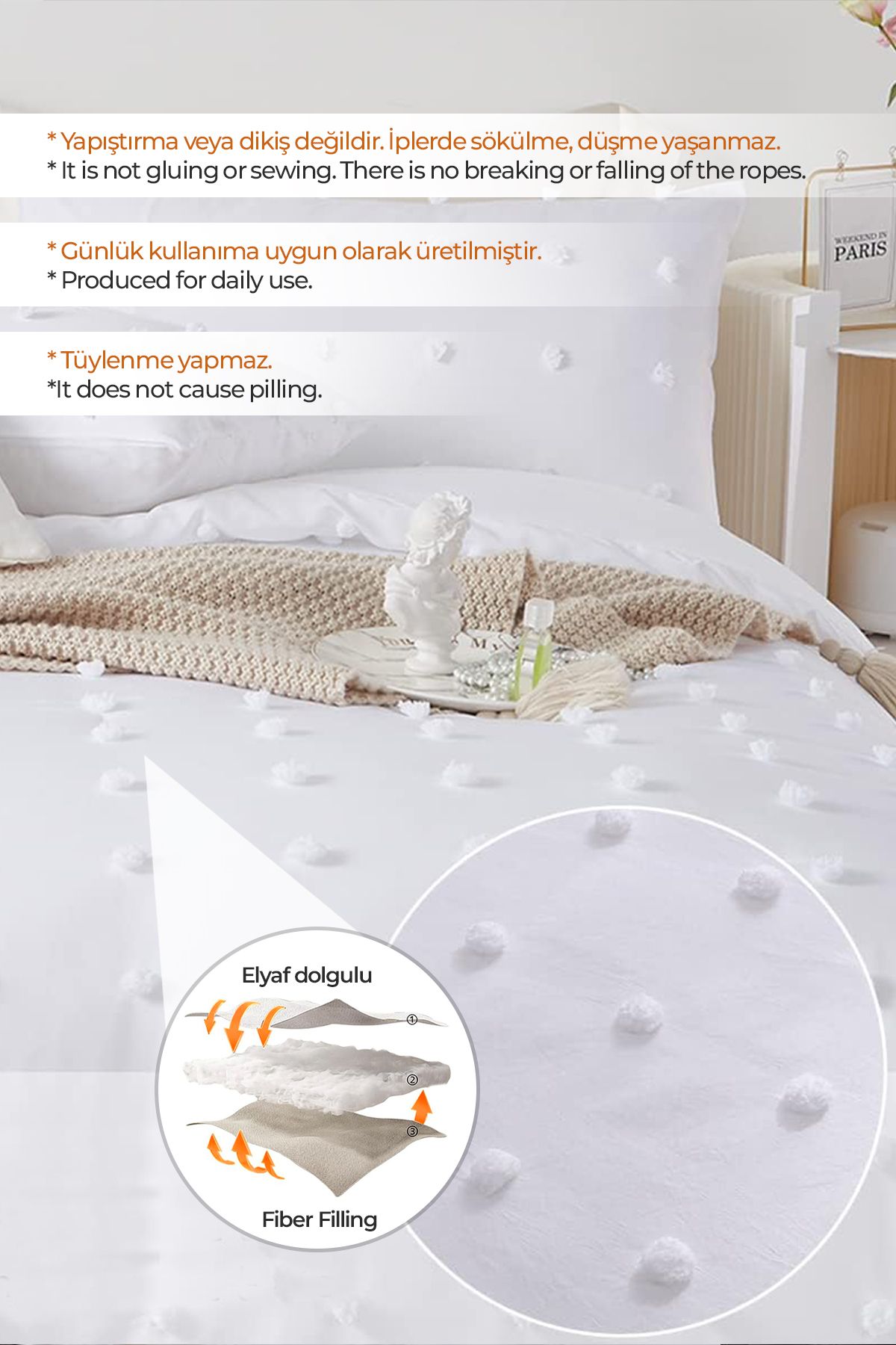Evlen Home Collection-Emmy Embossed Cotton Bedspread - Double Boho Set with Tufting Detail, White Cream 3