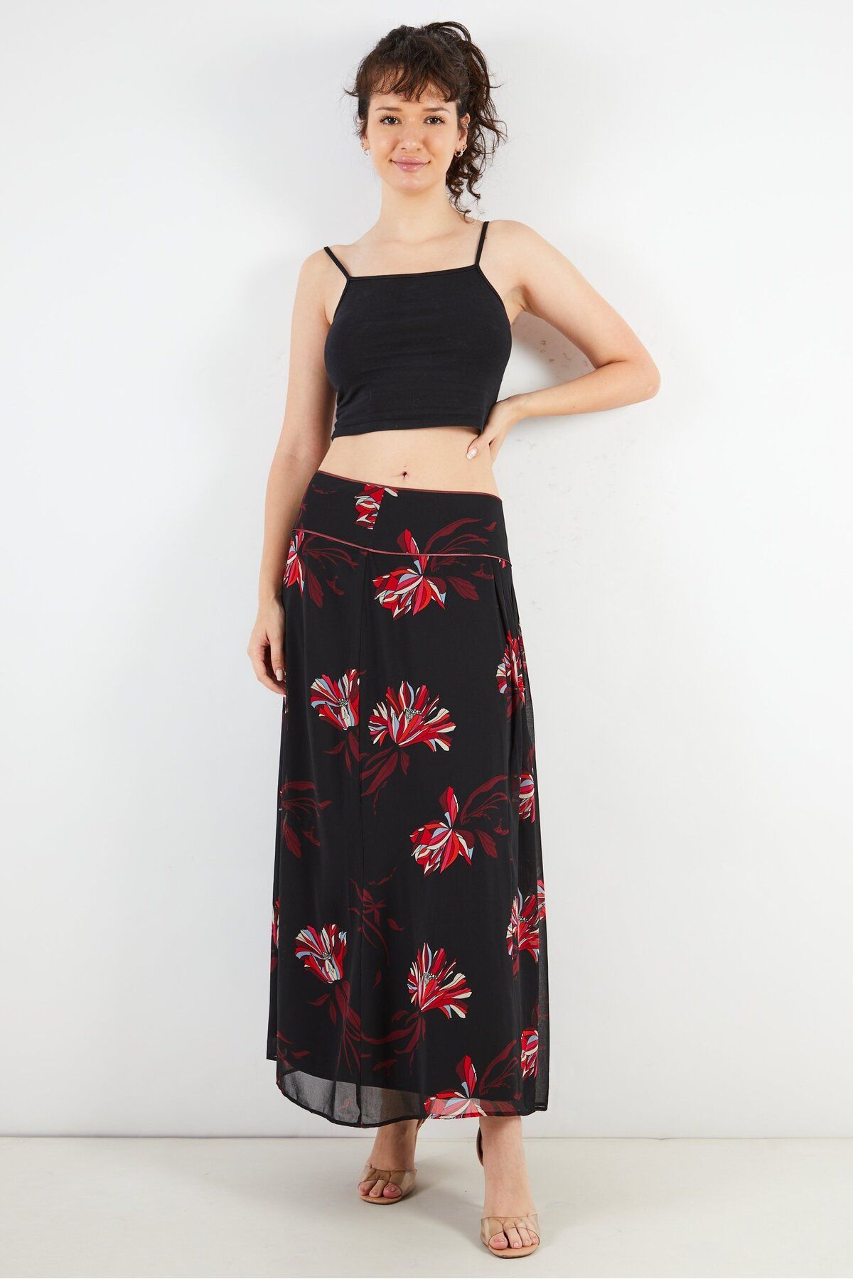 ONE STEP-Women Floral Maxi Skirt, Black 3