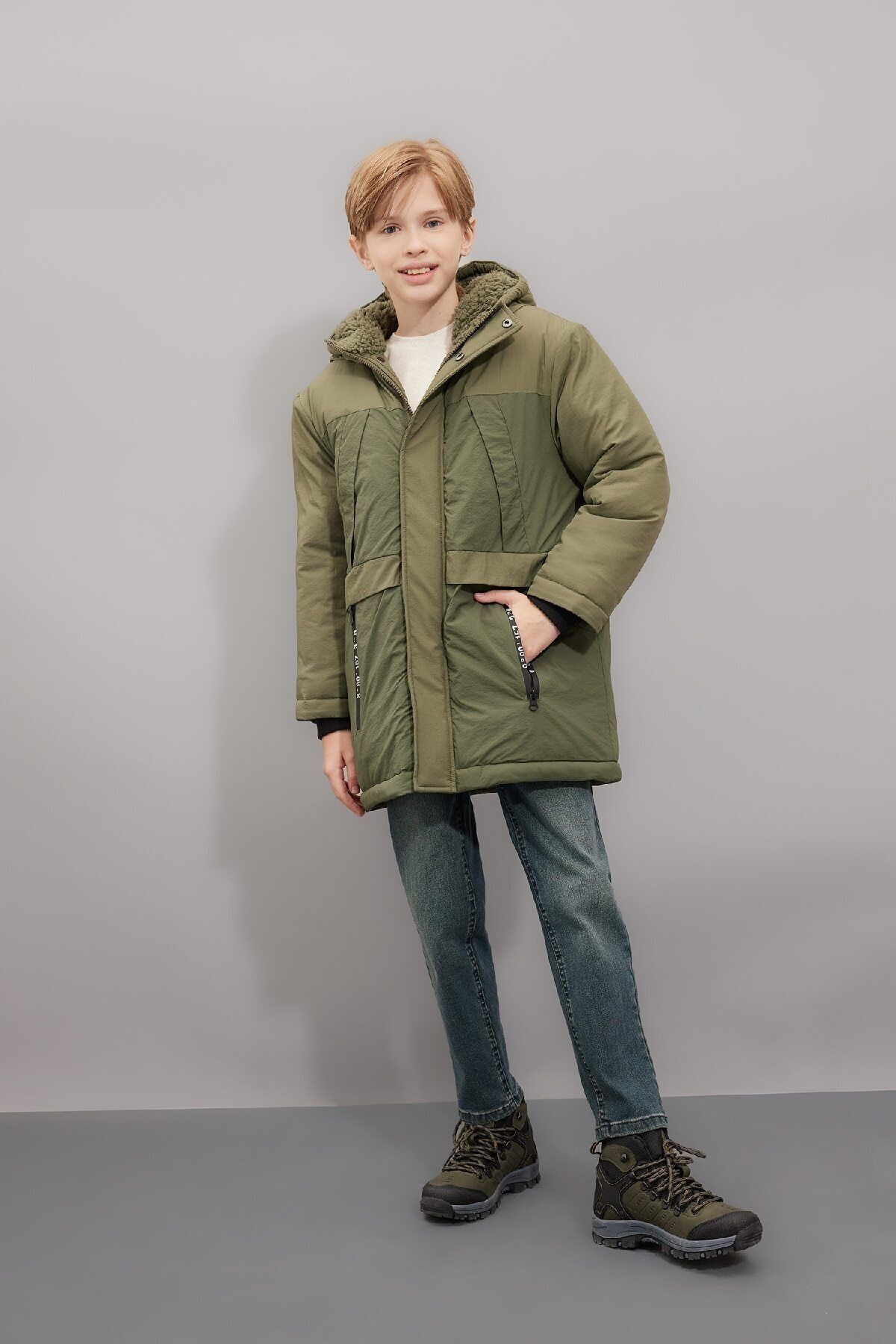 DeFacto-Water Repellent Plush Lined Parka for Boy - Hood and Zip C8815A824Wn 2